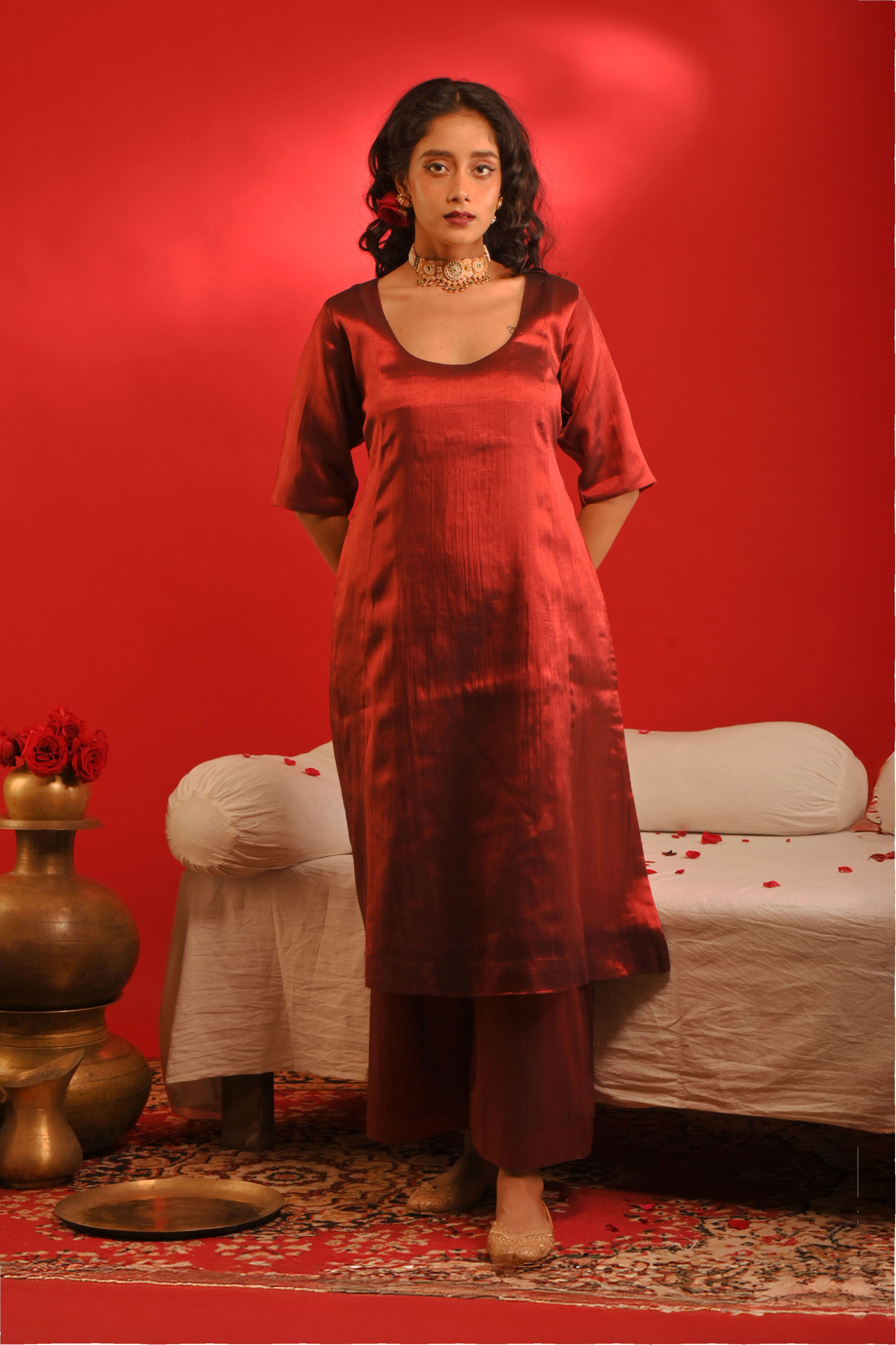Rasika I Red Handloom tissue kurta pant set