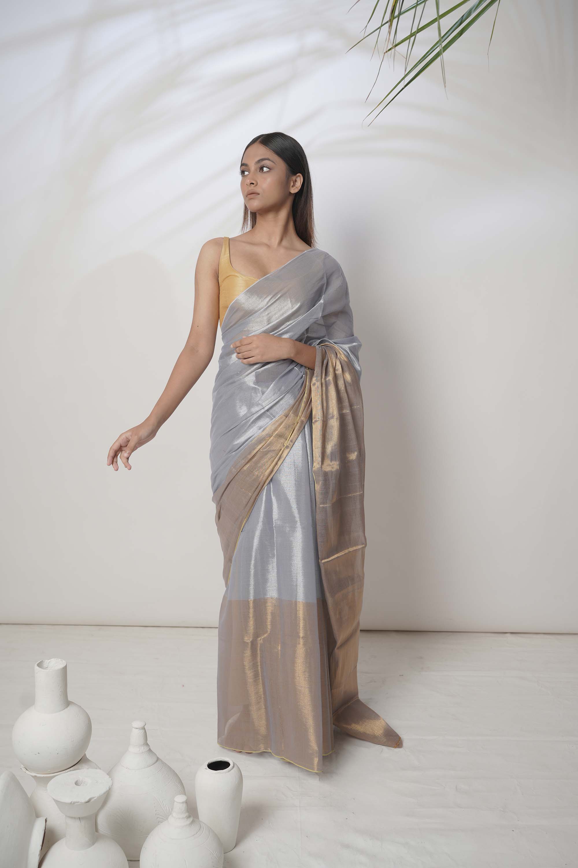 Alankrita | Slate Blue and Gold Handloom Tissue Saree