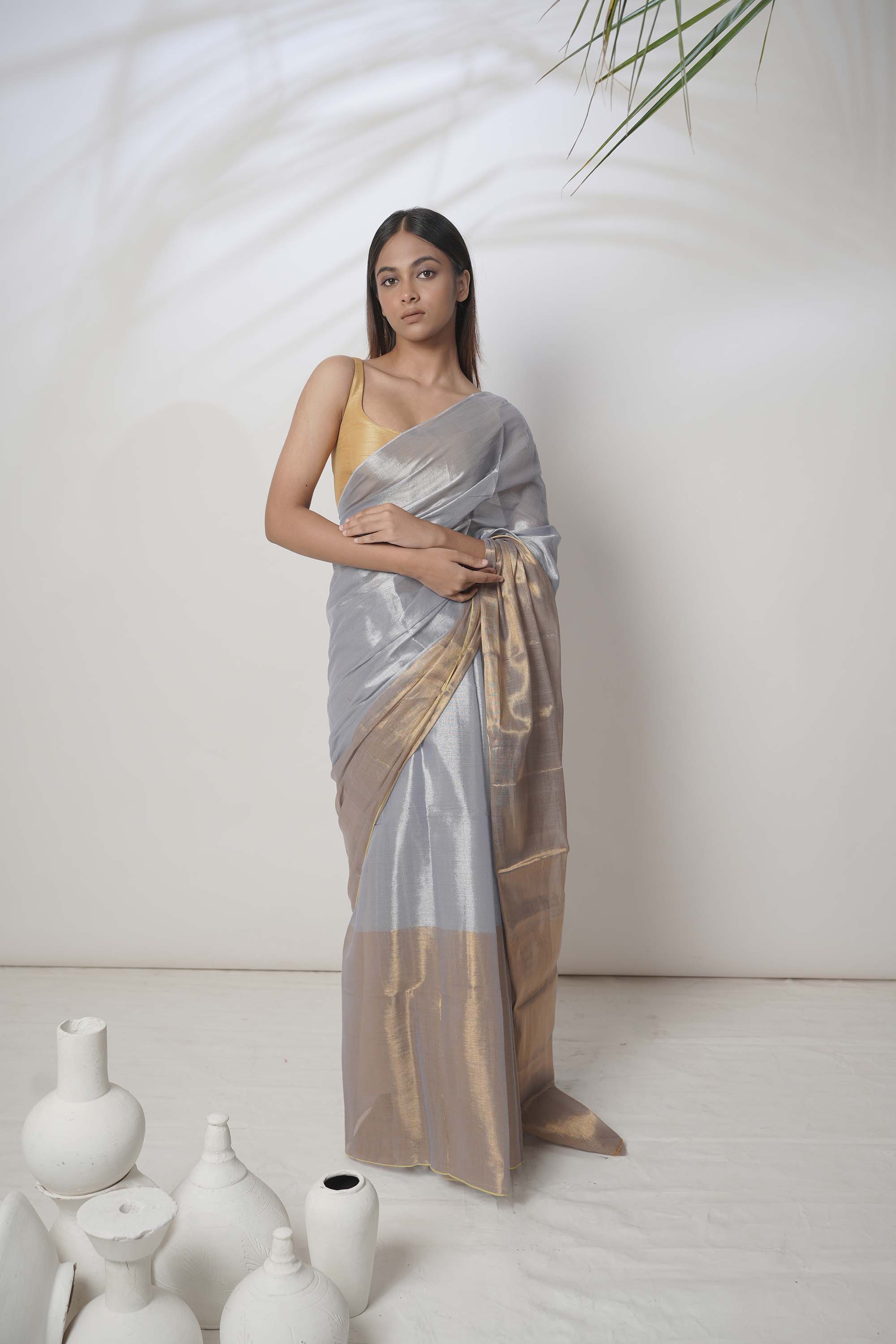 Alankrita | Slate Blue and Gold Handloom Tissue Saree