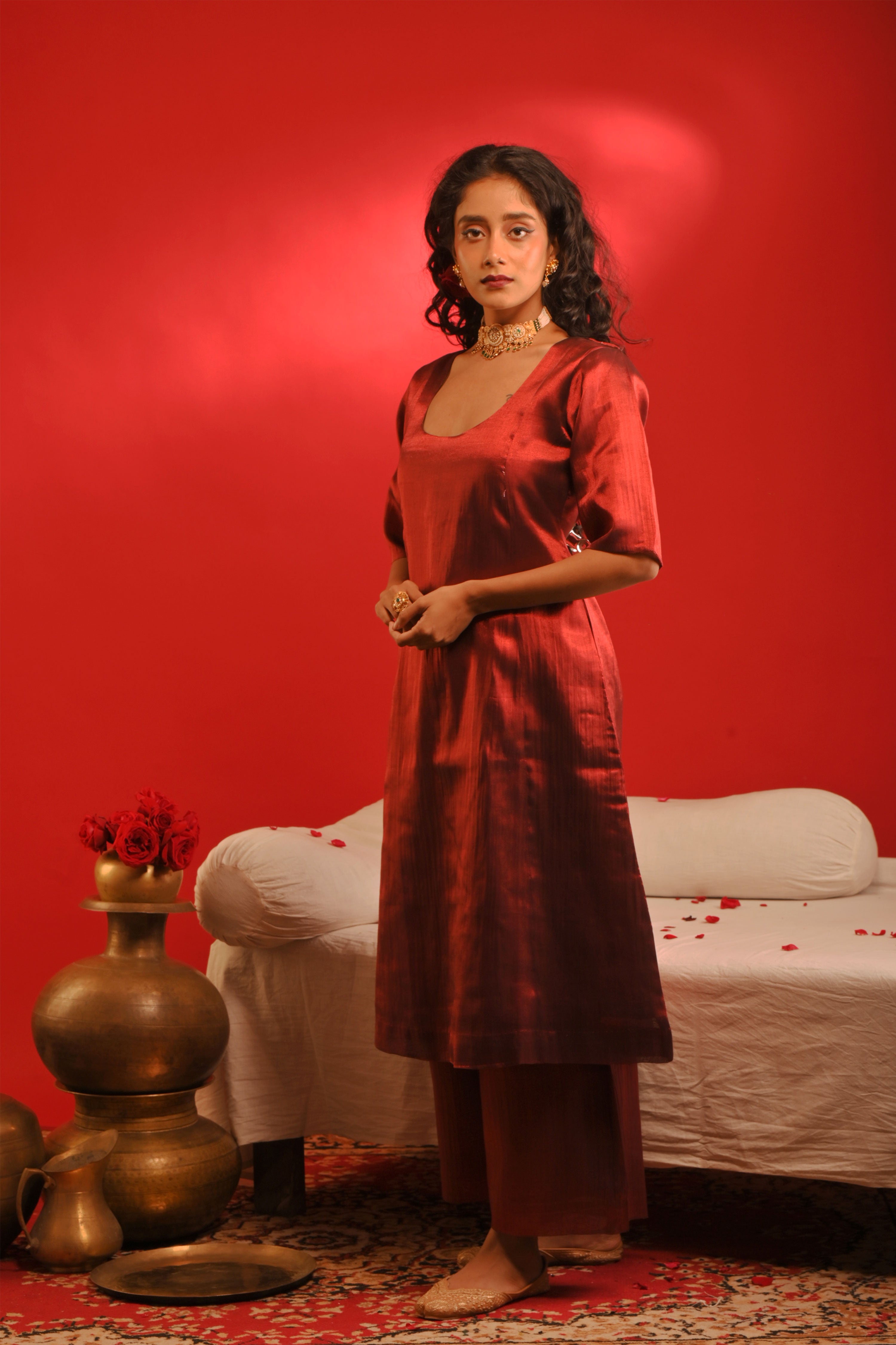Rasika I Red Handloom tissue kurta pant set