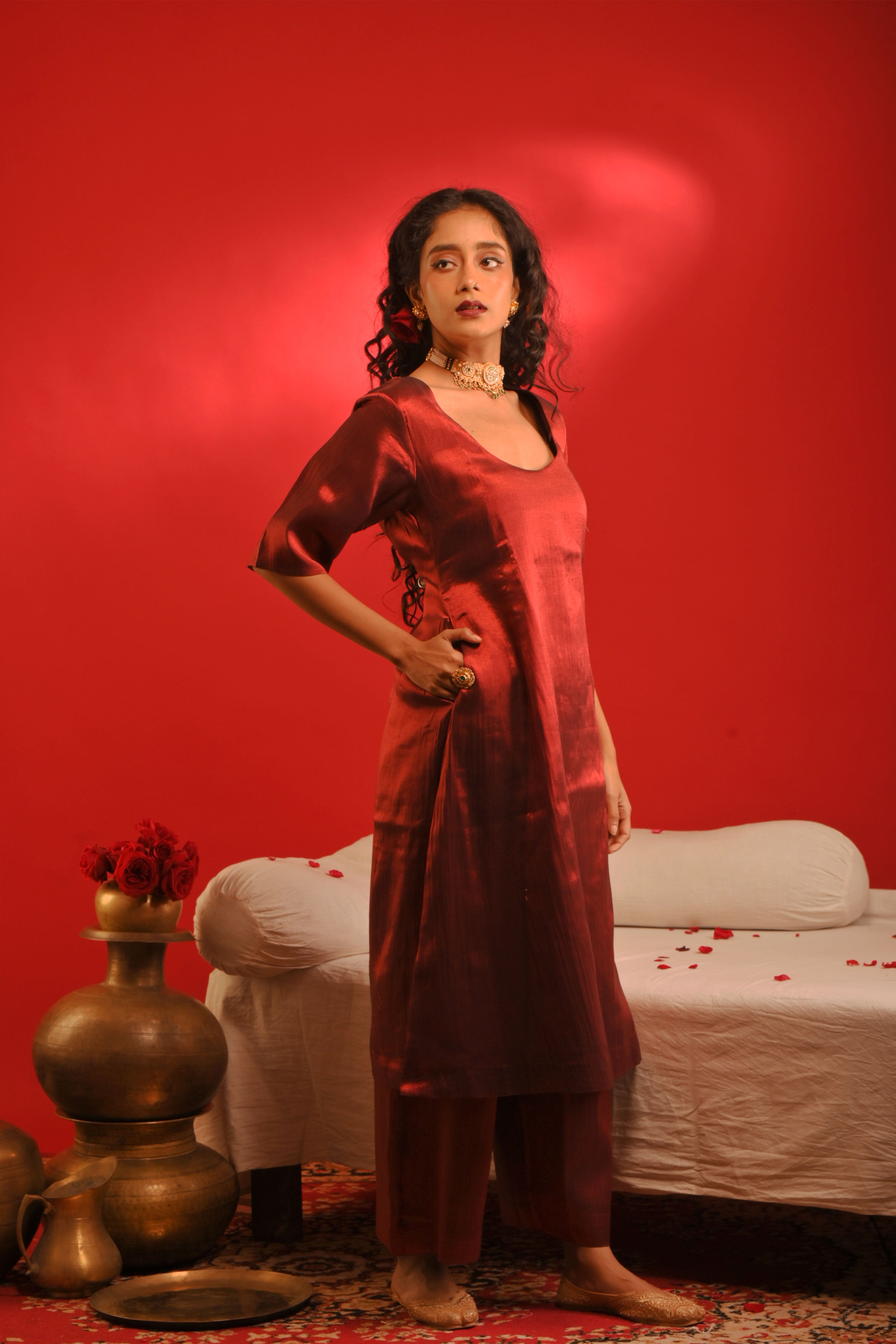 Rasika I Red Handloom tissue kurta pant set