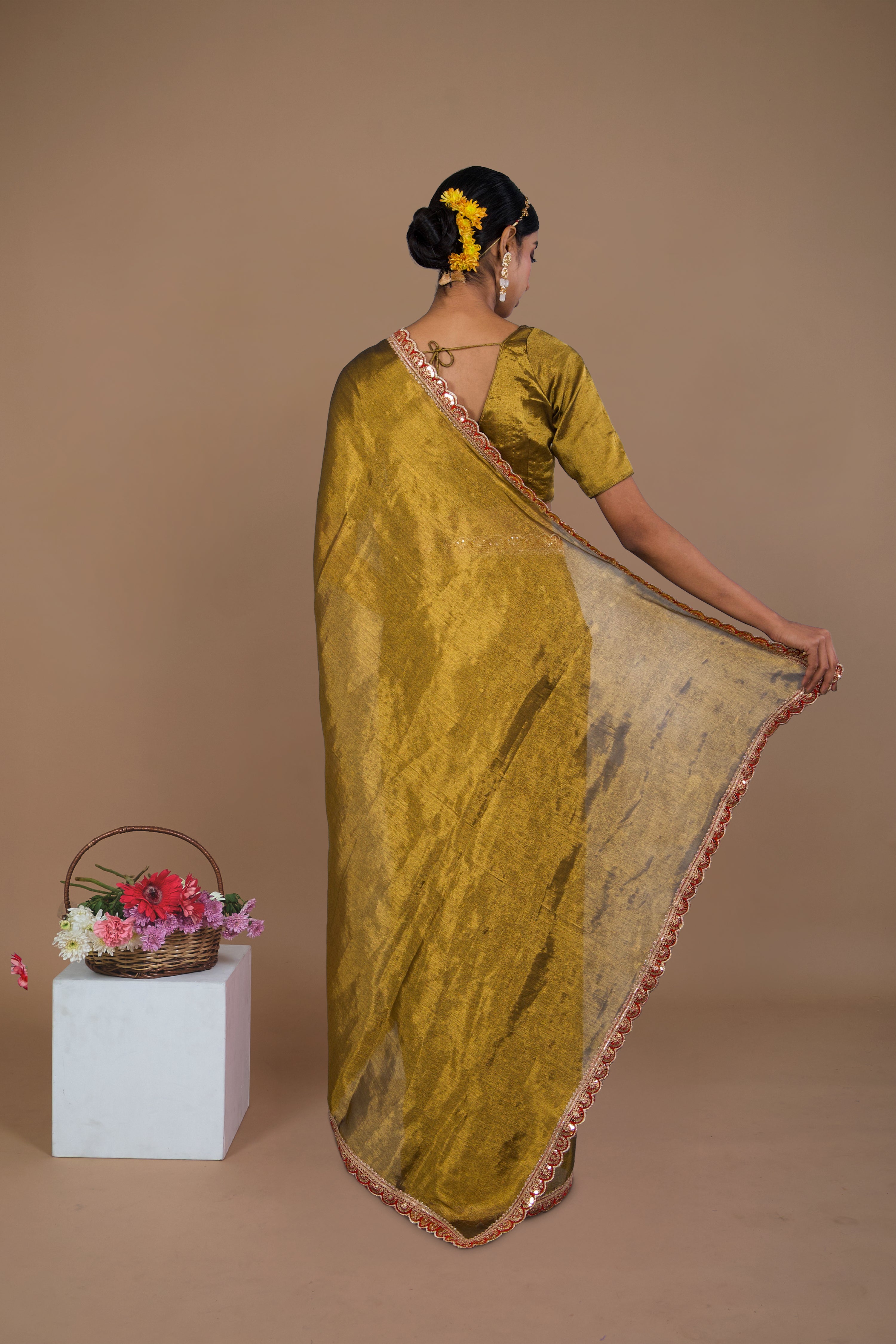 Swarnima I Golden handwoven tissue saree with red scalloped lace