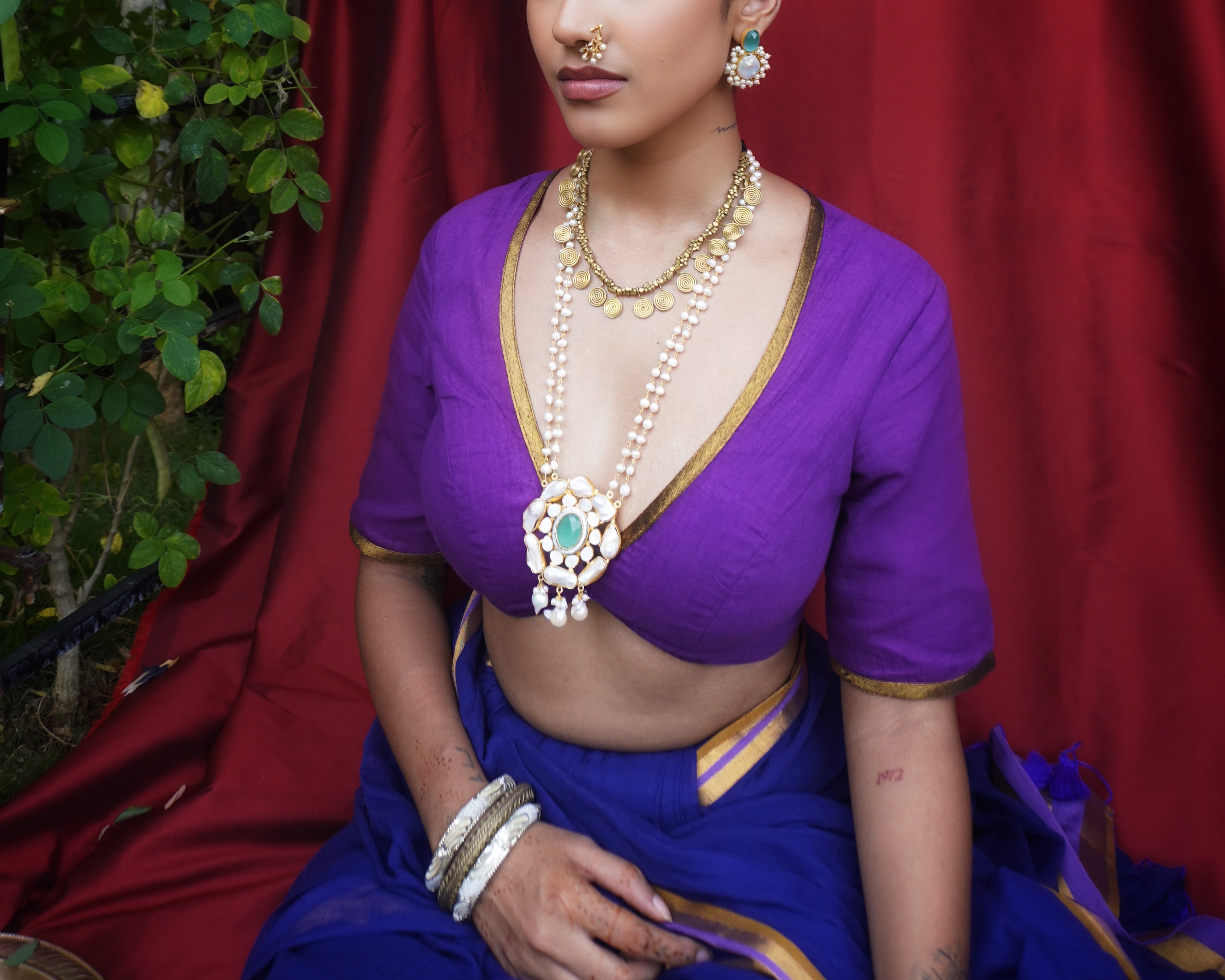 Handwoven Blue Cotton Saree with Striped Border along with Ready to Wear Purple Blouse Combo (Kanakavali & Kairali)