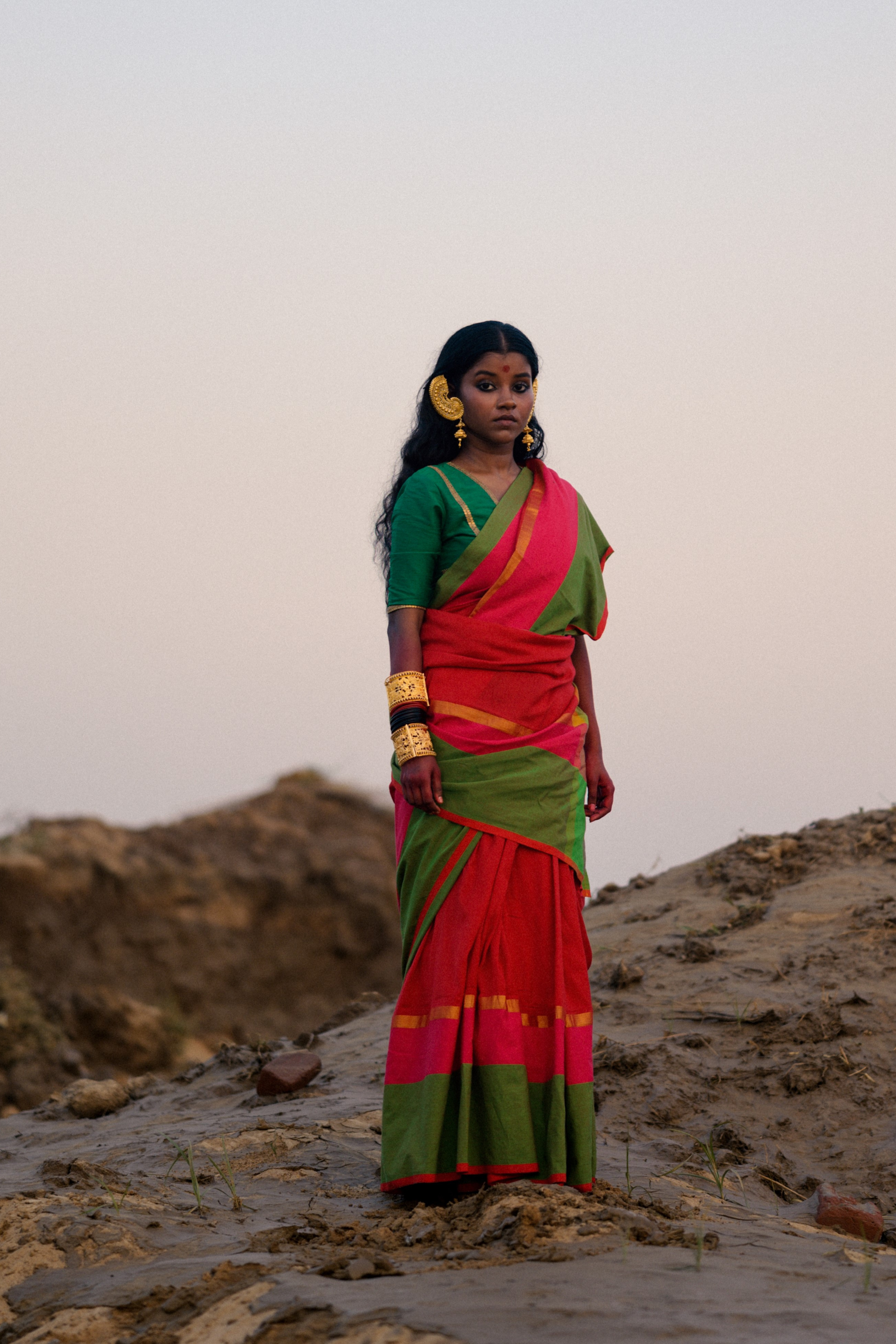 red-handloom-cotton-saree-with-pink-and-green-border