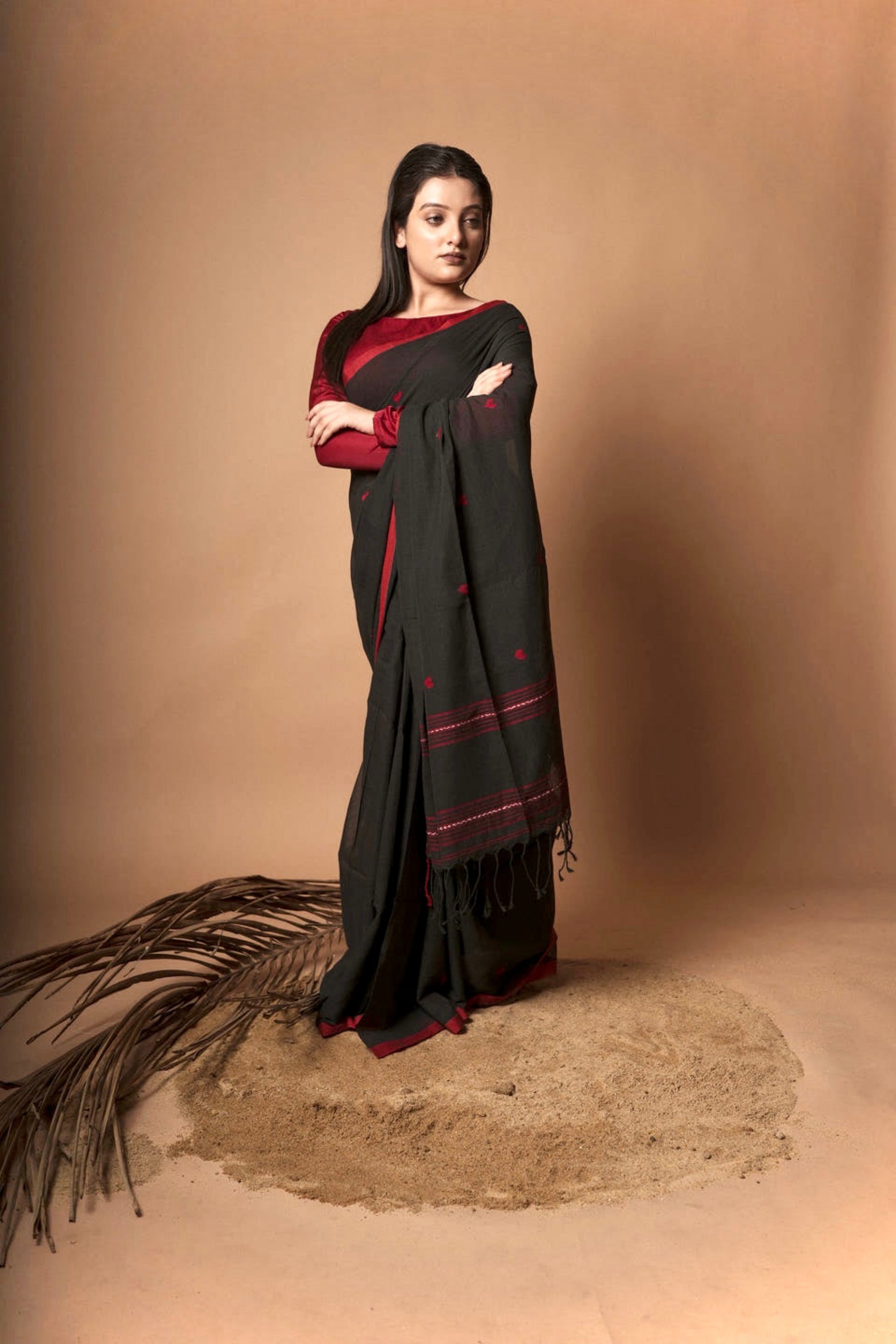 Nocturne I  Black cotton saree with red heart motifs