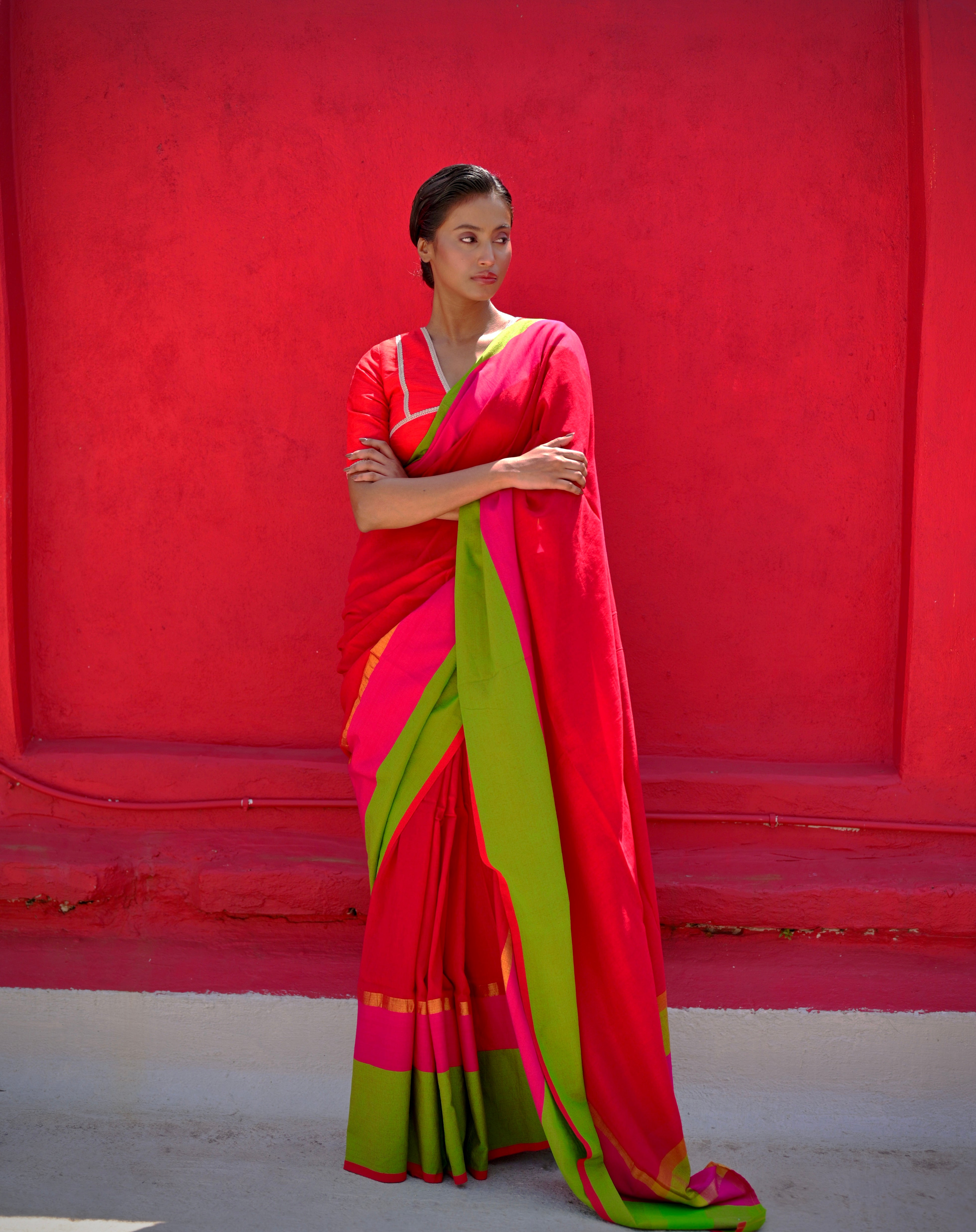 Kamini I Red Handloom Cotton Acrylic Saree With Green Border