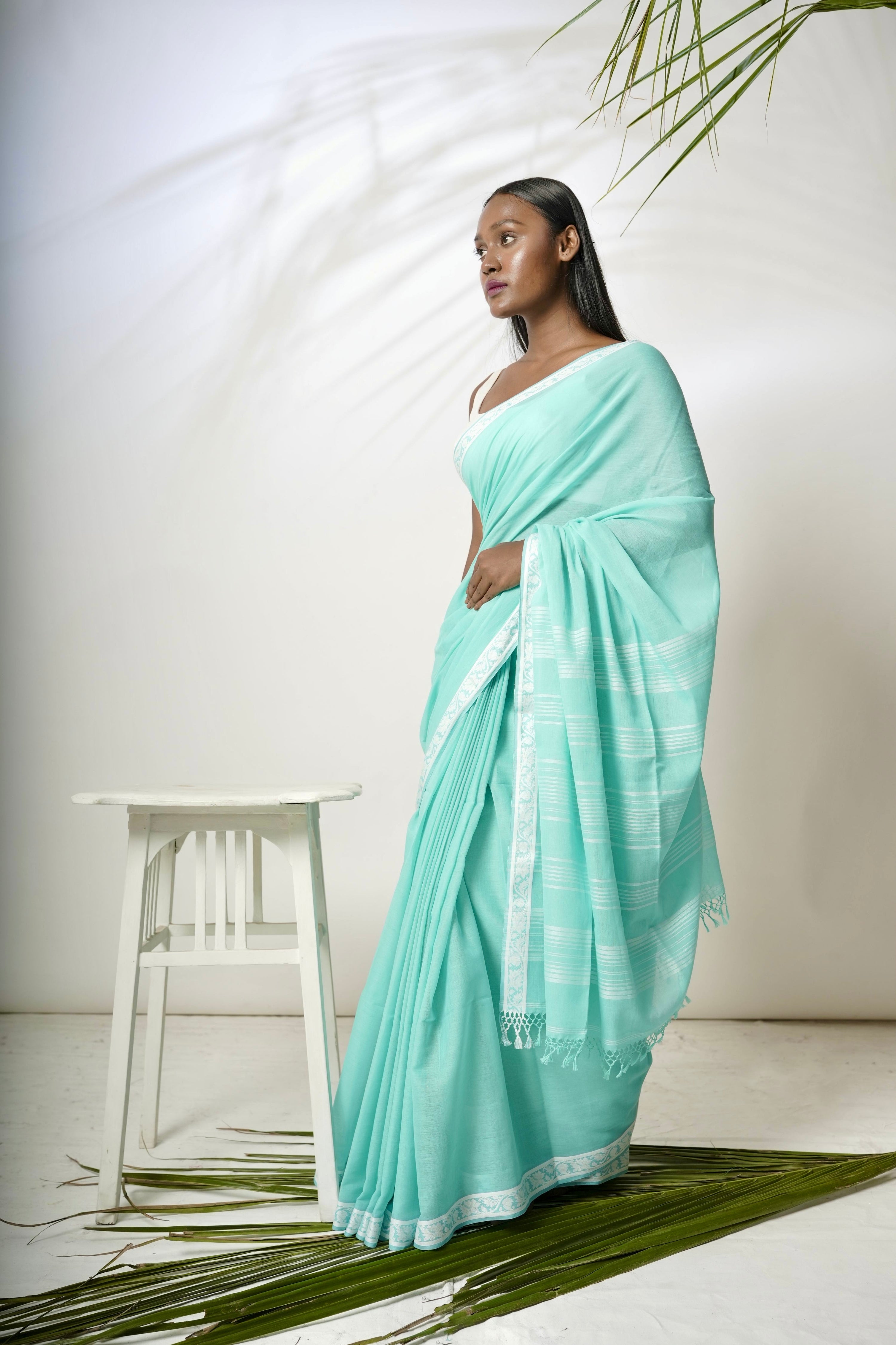 Cerulean I Light blue cotton saree with white  border