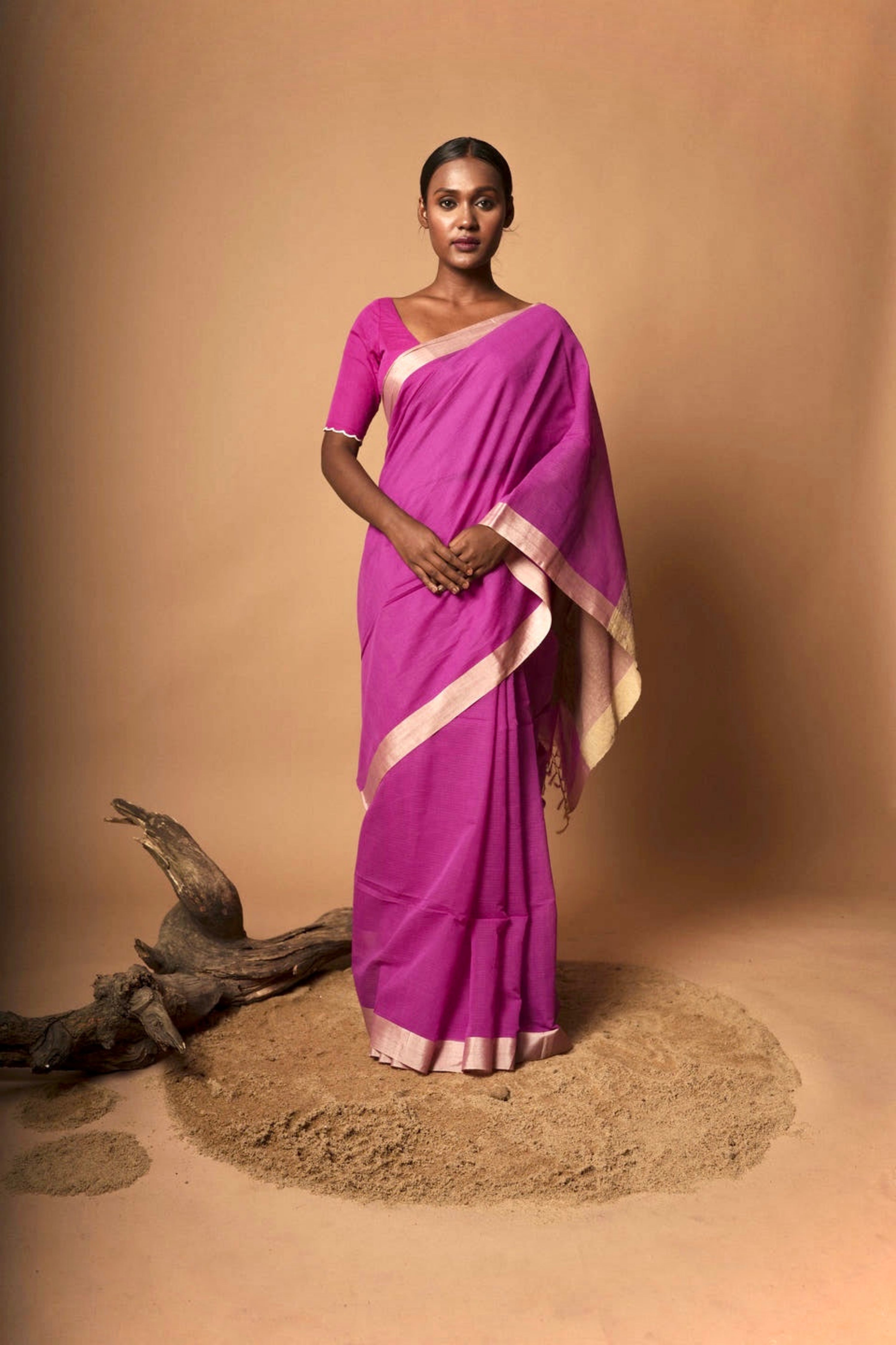 Violetta I Raspberry Pink Cotton Saree with Ghicha Pallu