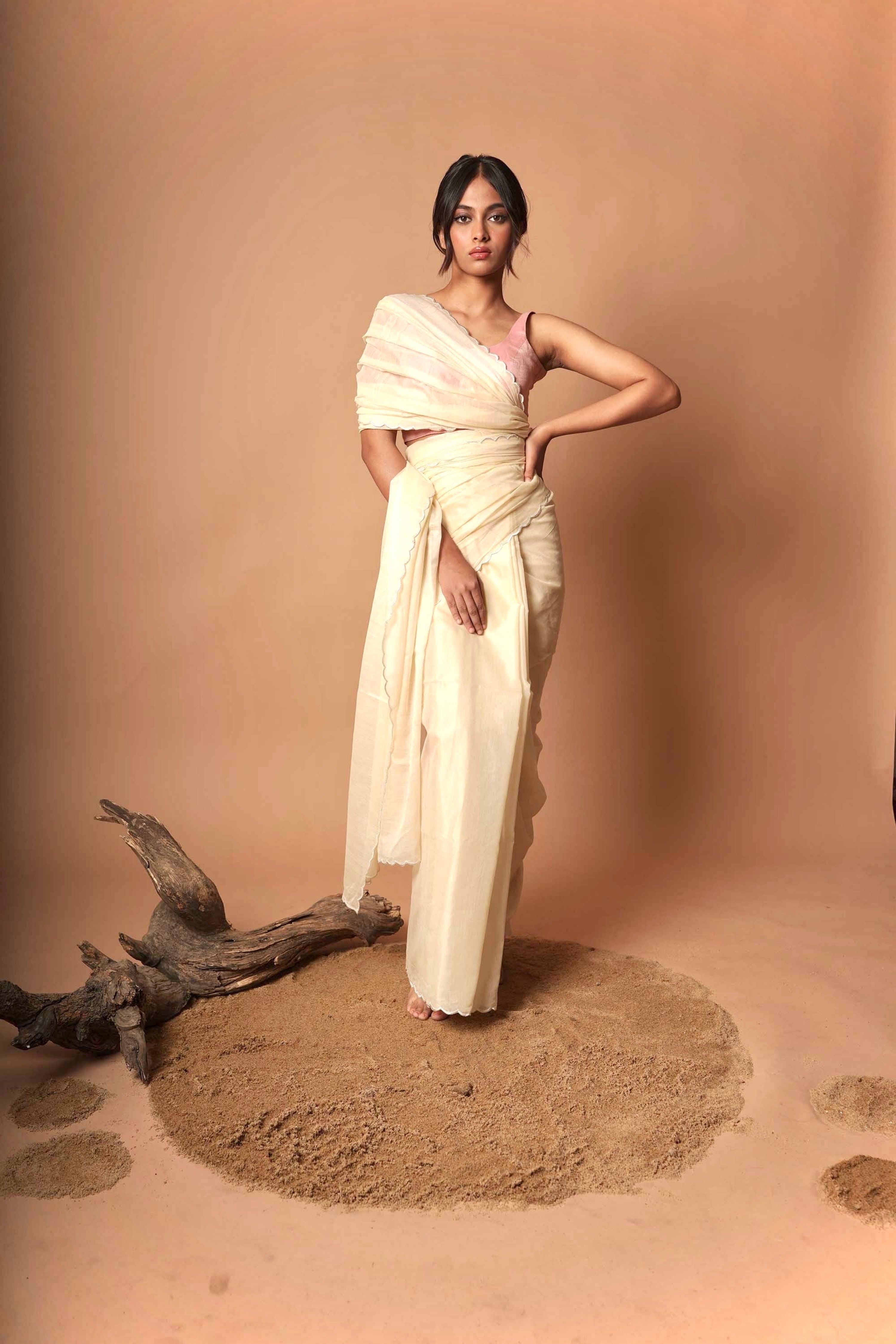 Cascading Moonlight I White Scallop Border Saree