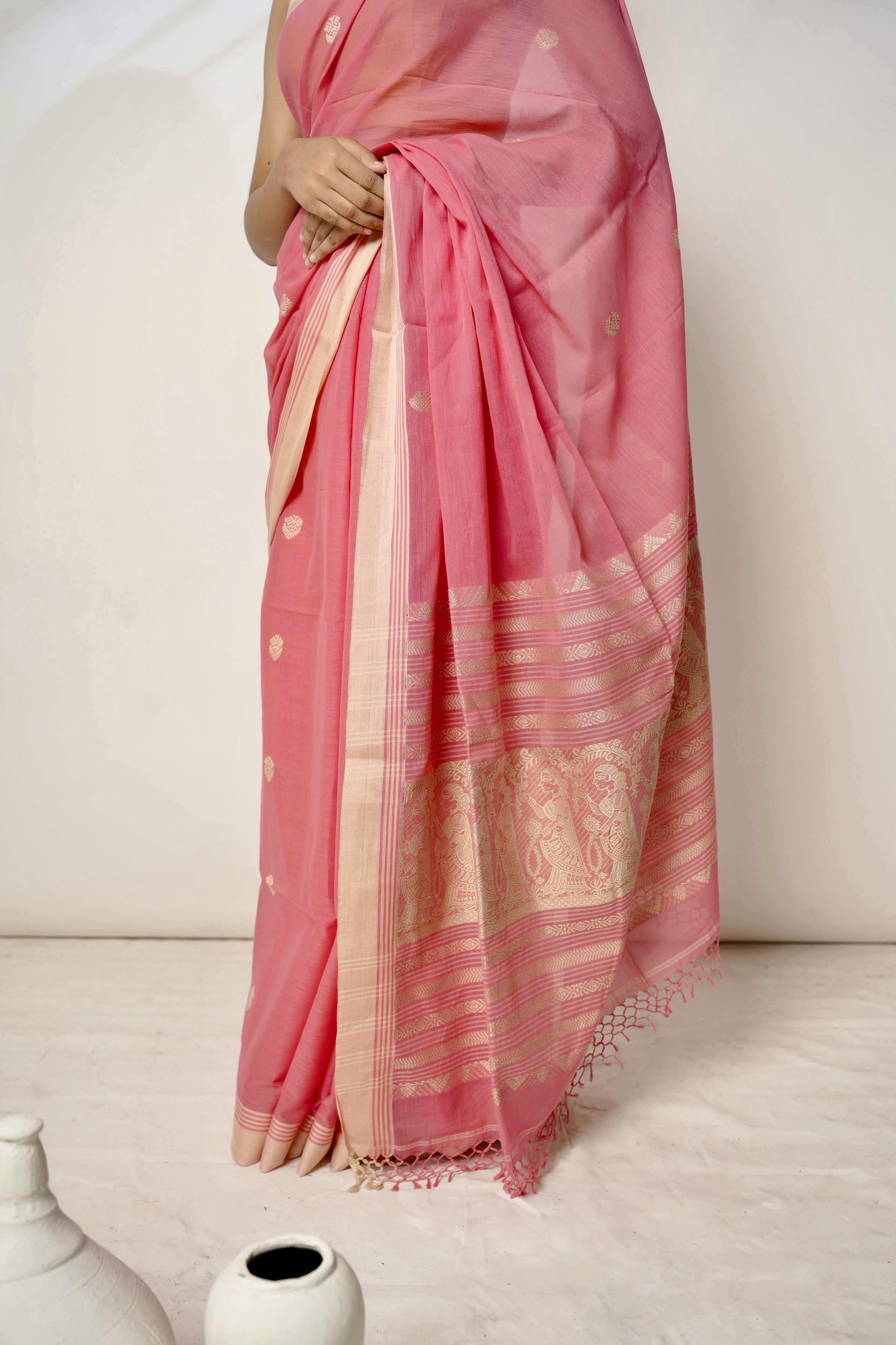 Coral I Coral pink cotton saree with beige striped border