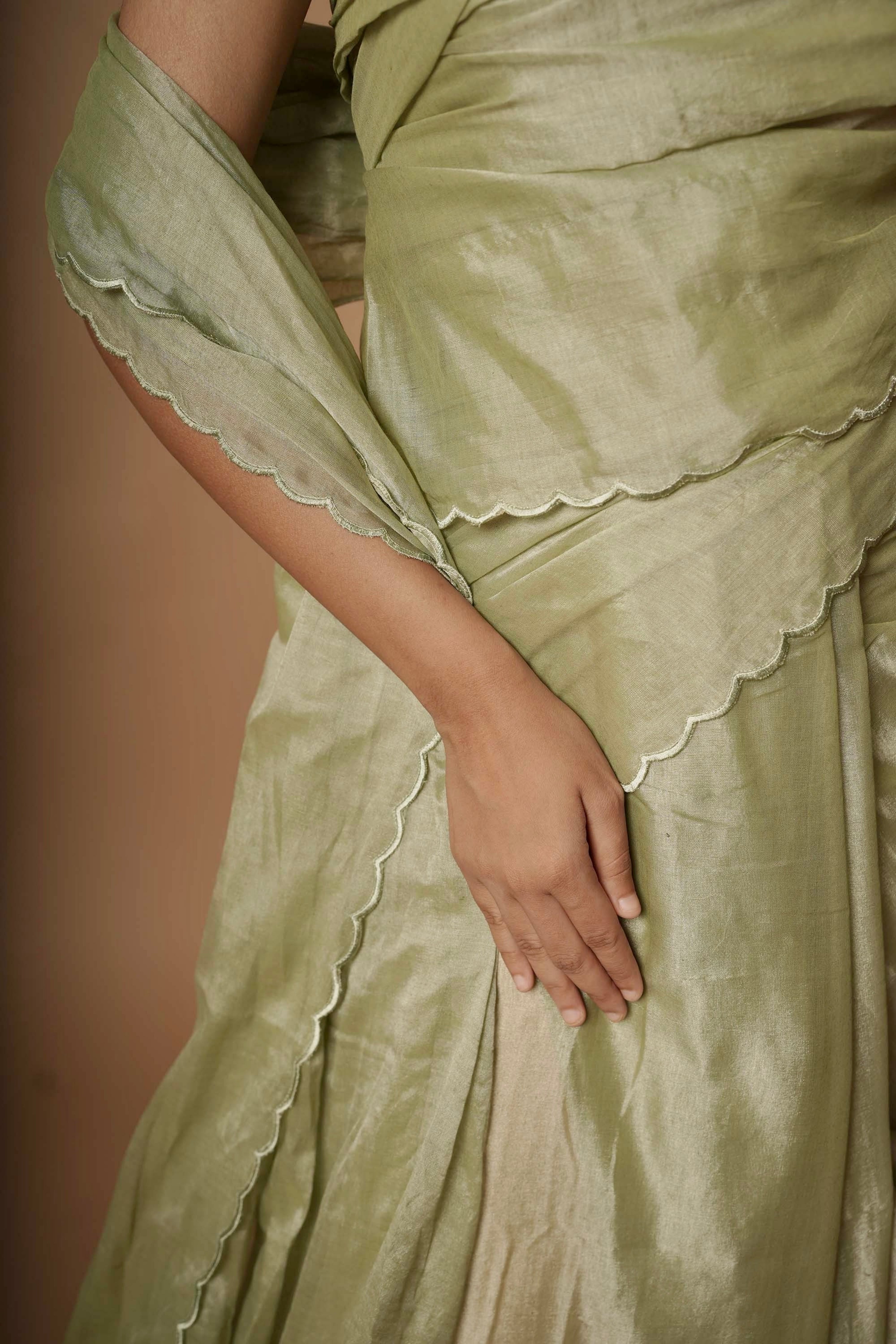 Woodland Nymph I Fern Green Scallop Border Saree