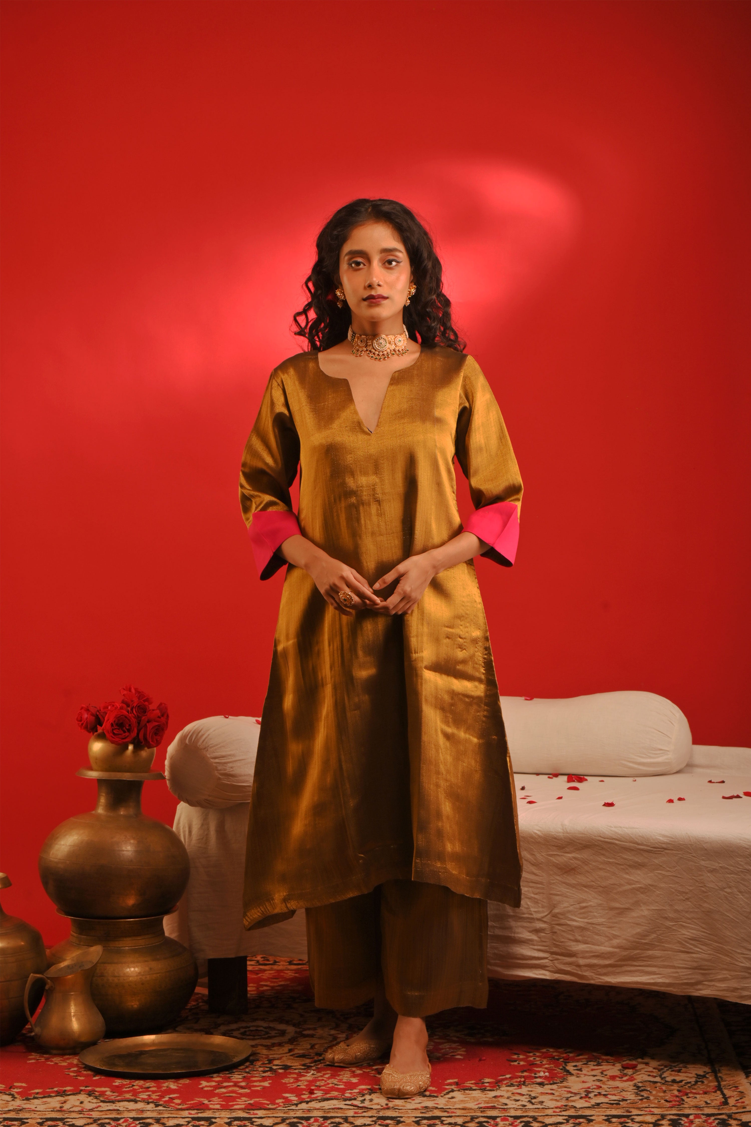 Mriganka I Golden handloom tissue kurta pant set with contrast sleeves