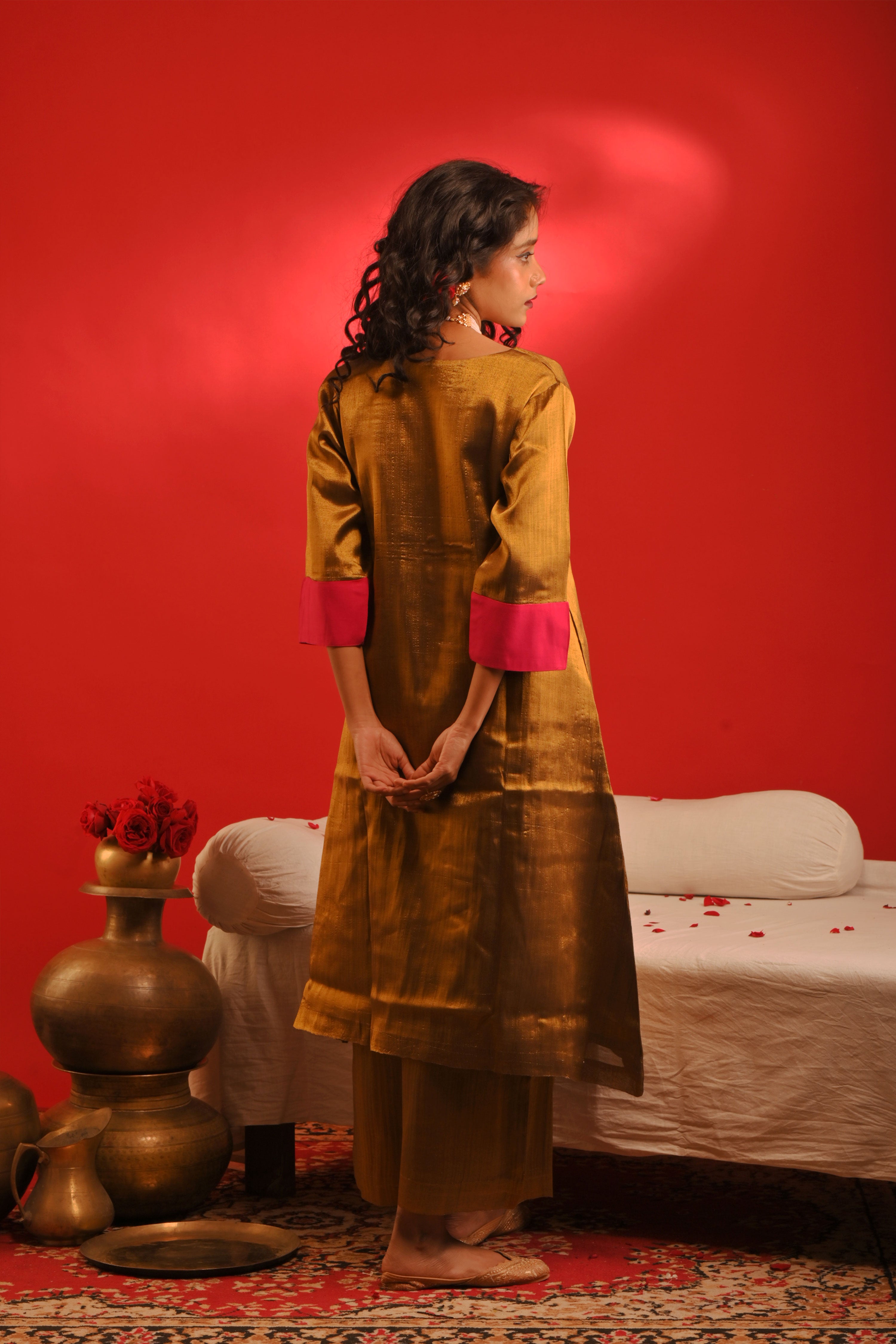 Mriganka I Golden handloom tissue kurta pant set with contrast sleeves