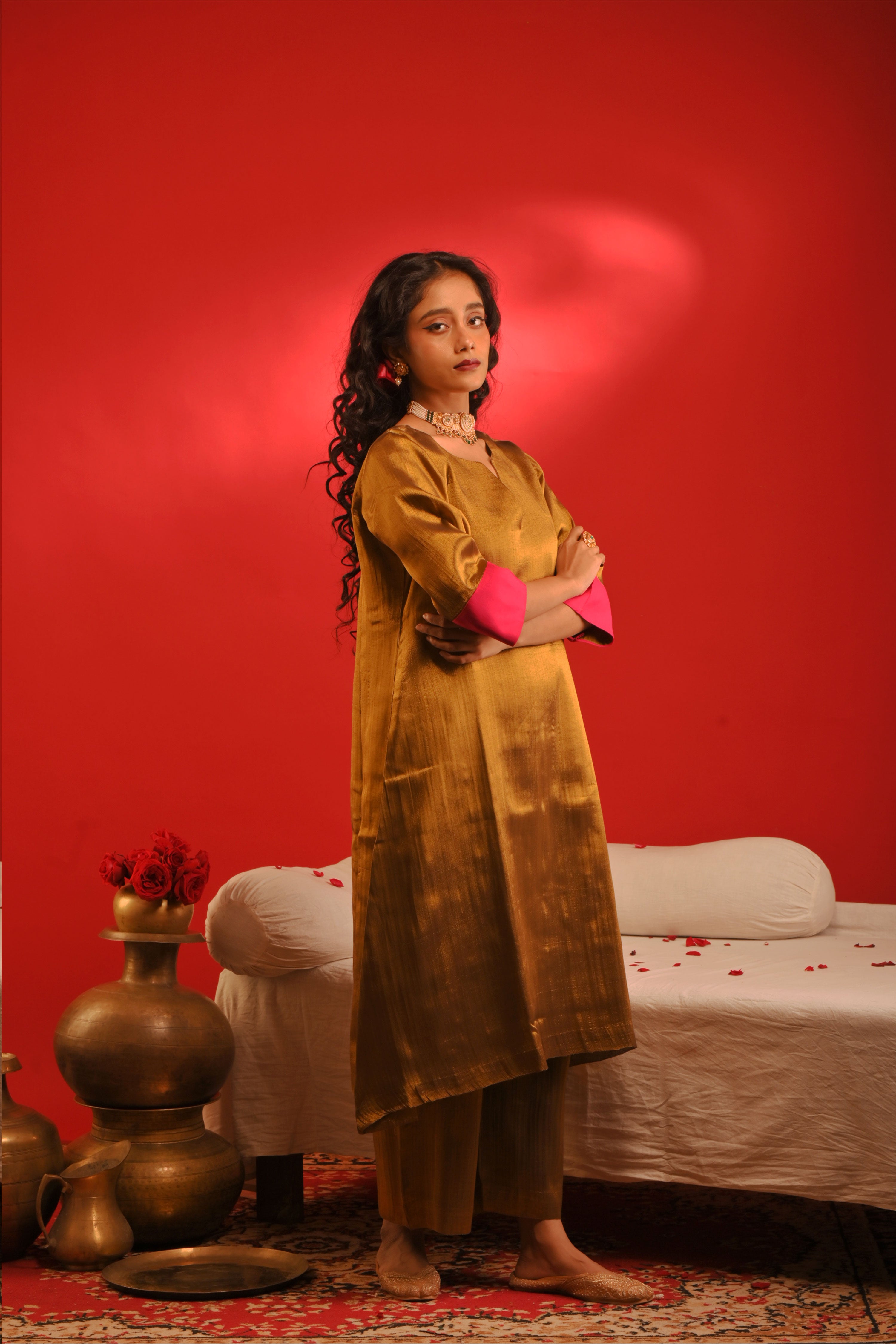 Mriganka I Golden handloom tissue kurta pant set with contrast sleeves