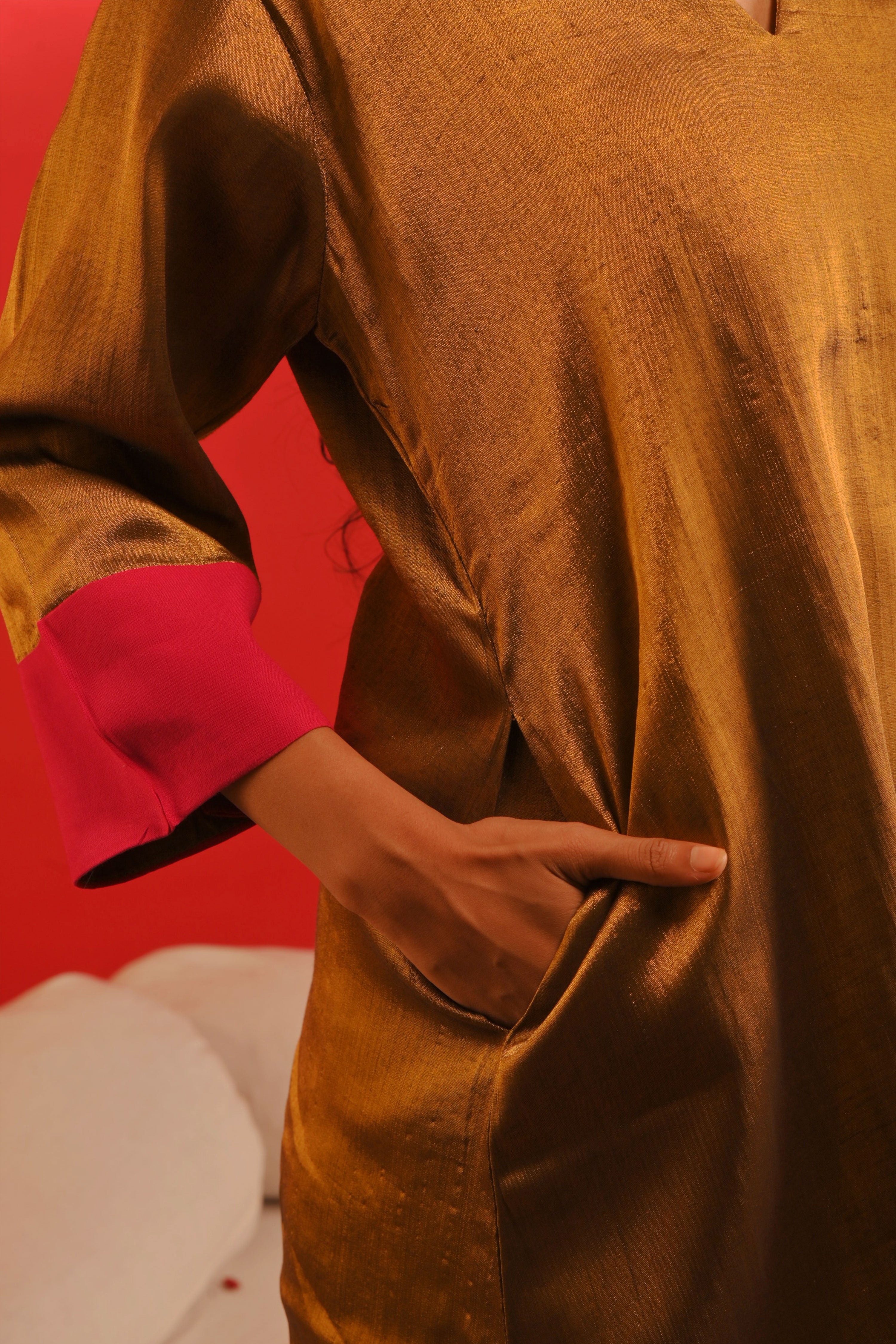 Mriganka I Golden handloom tissue kurta pant set with contrast sleeves