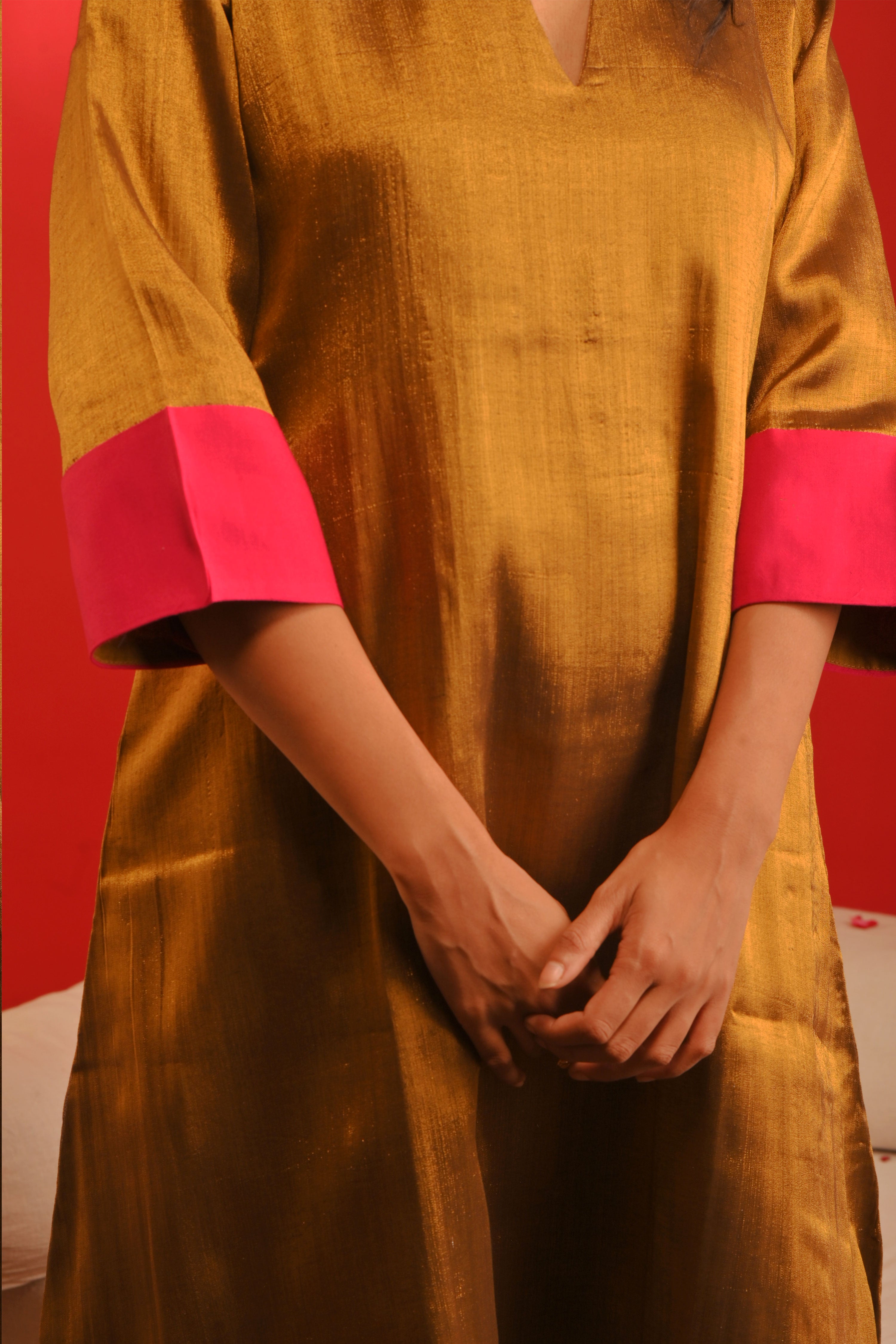 Mriganka I Golden handloom tissue kurta pant set with contrast sleeves