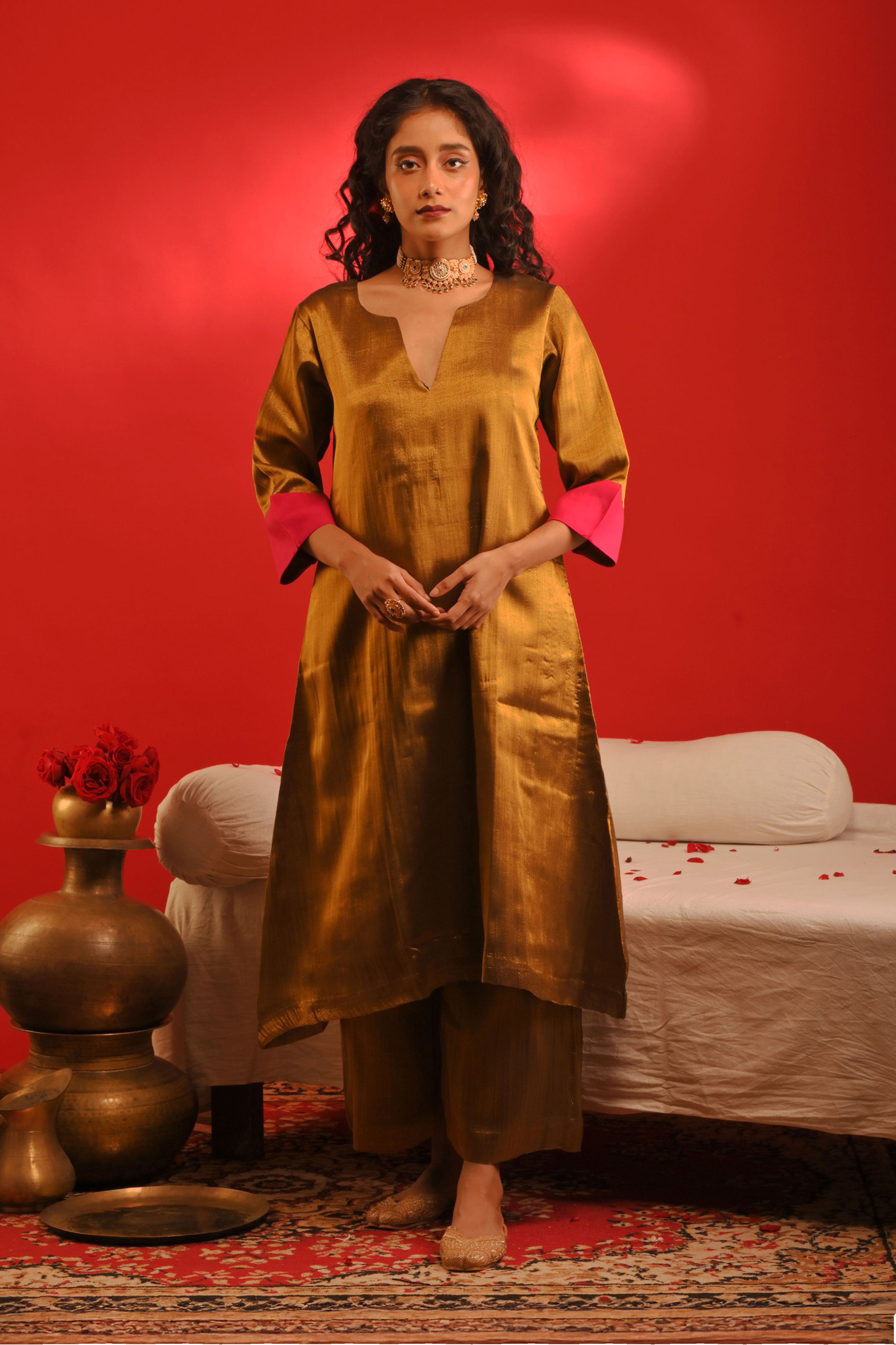Mriganka I Golden handloom tissue kurta pant set with contrast sleeves