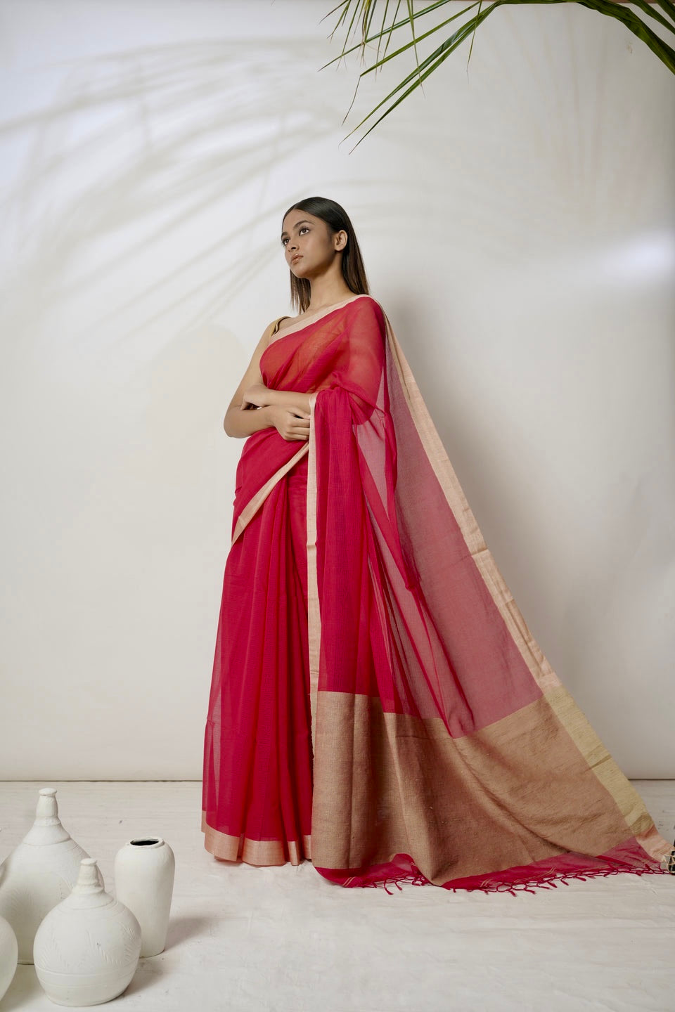 Garnet I Red cotton saree with silk beige border