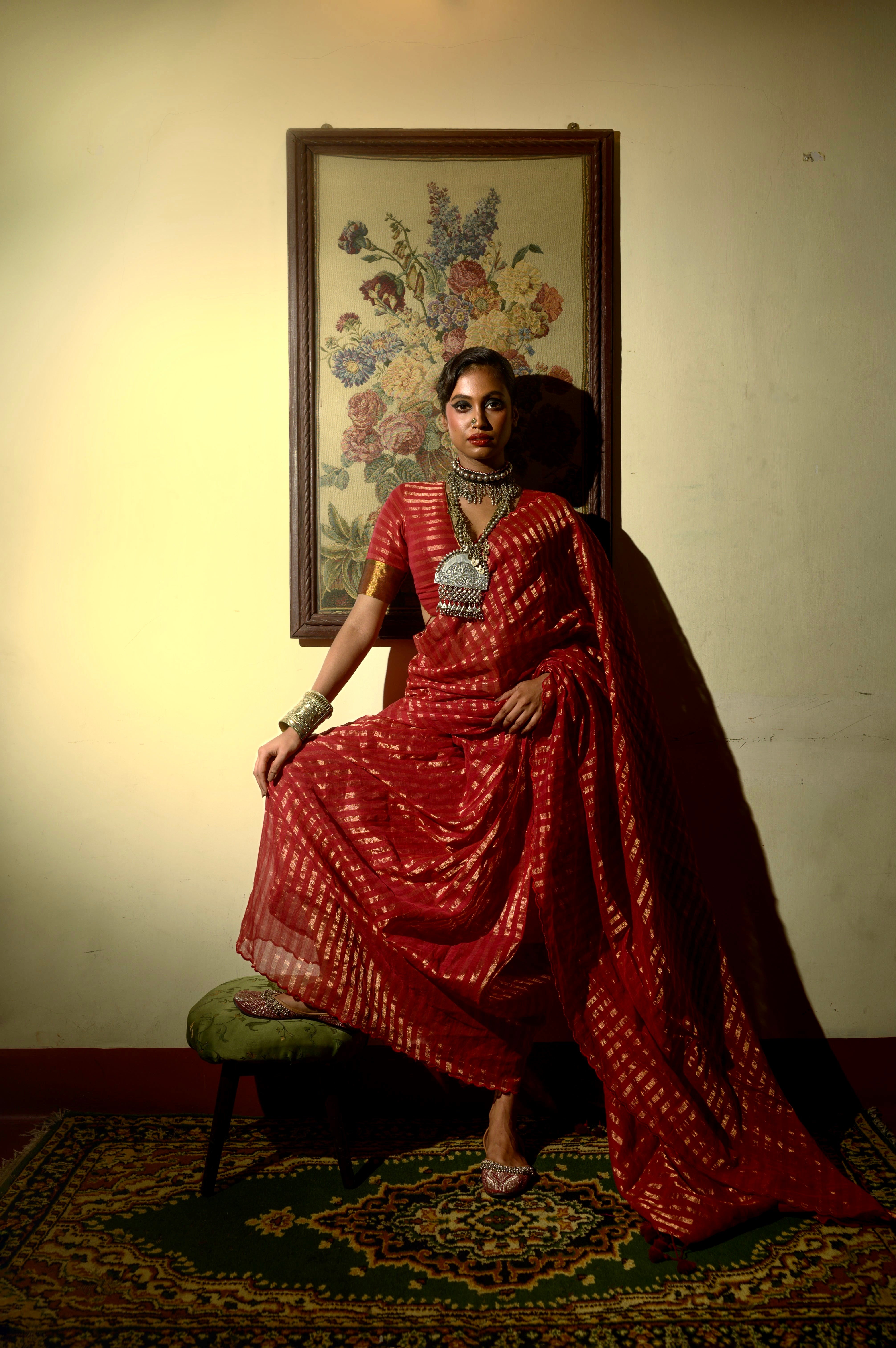 Femme Fatale I Maroon Handloom Cotton Saree with Zari Stripes and Scalloped Border