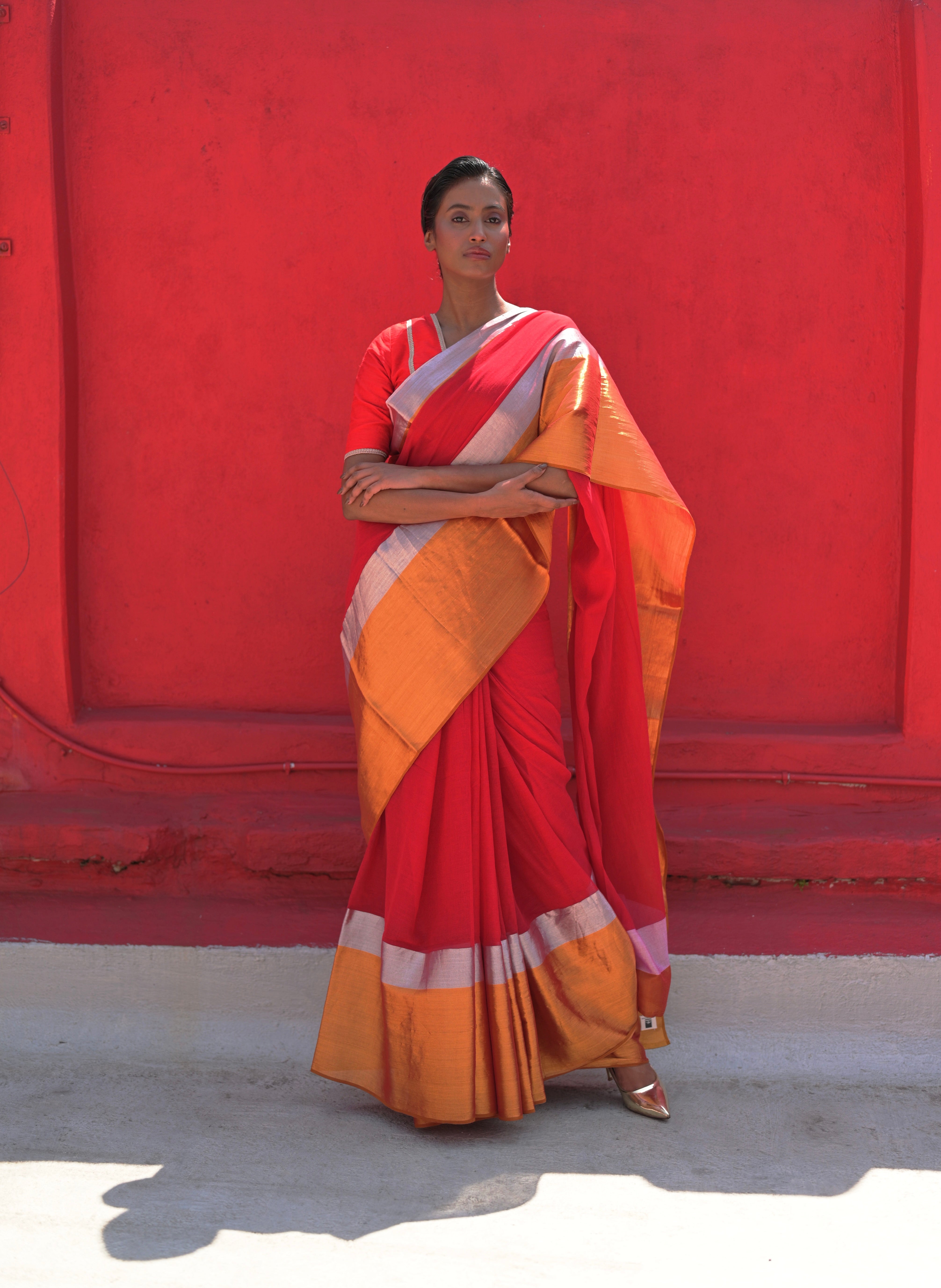 Angana I Red Handloom Cotton Saree With Silver and Golden Border