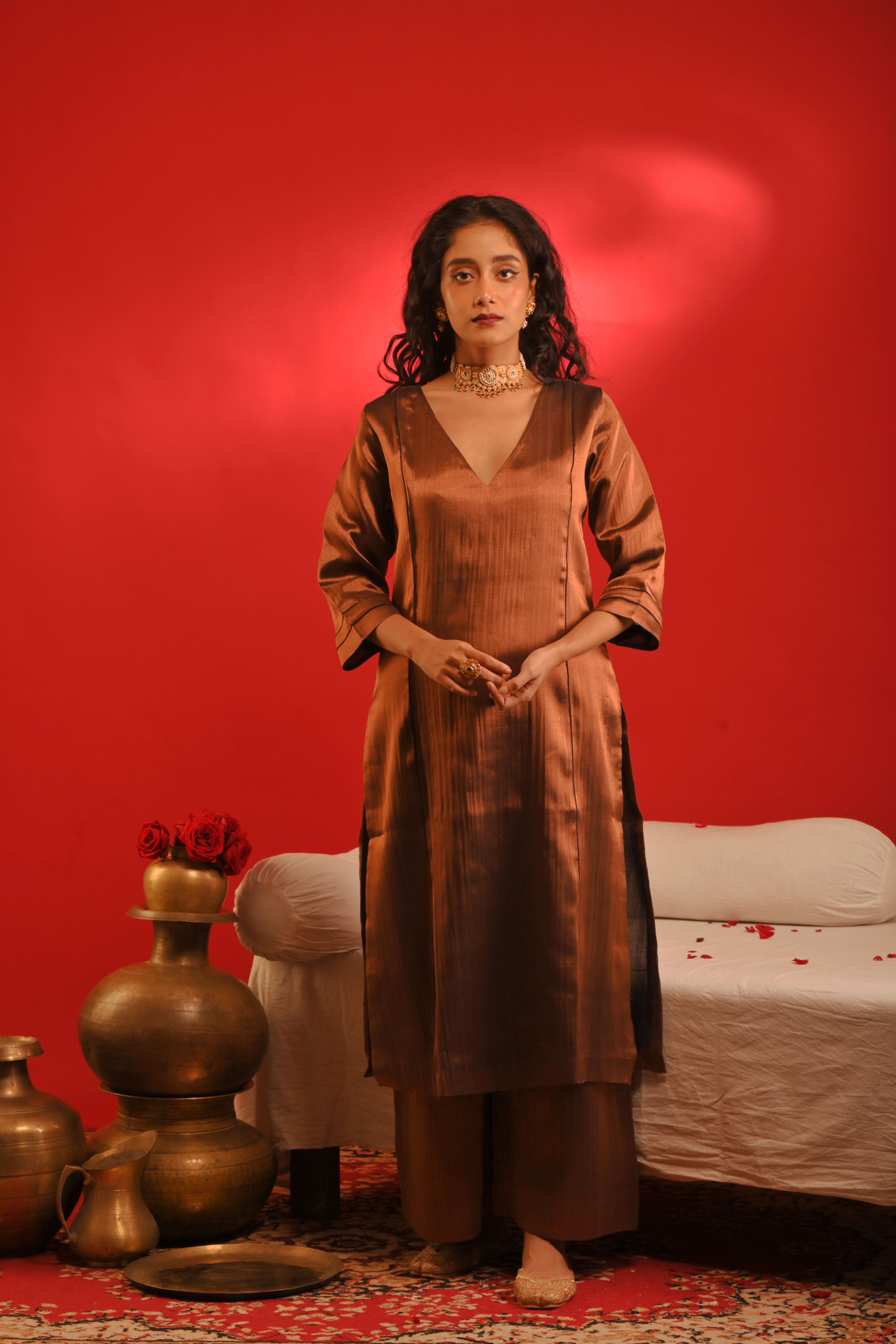 Kajari  I Copper handloom tissue kurta pant set