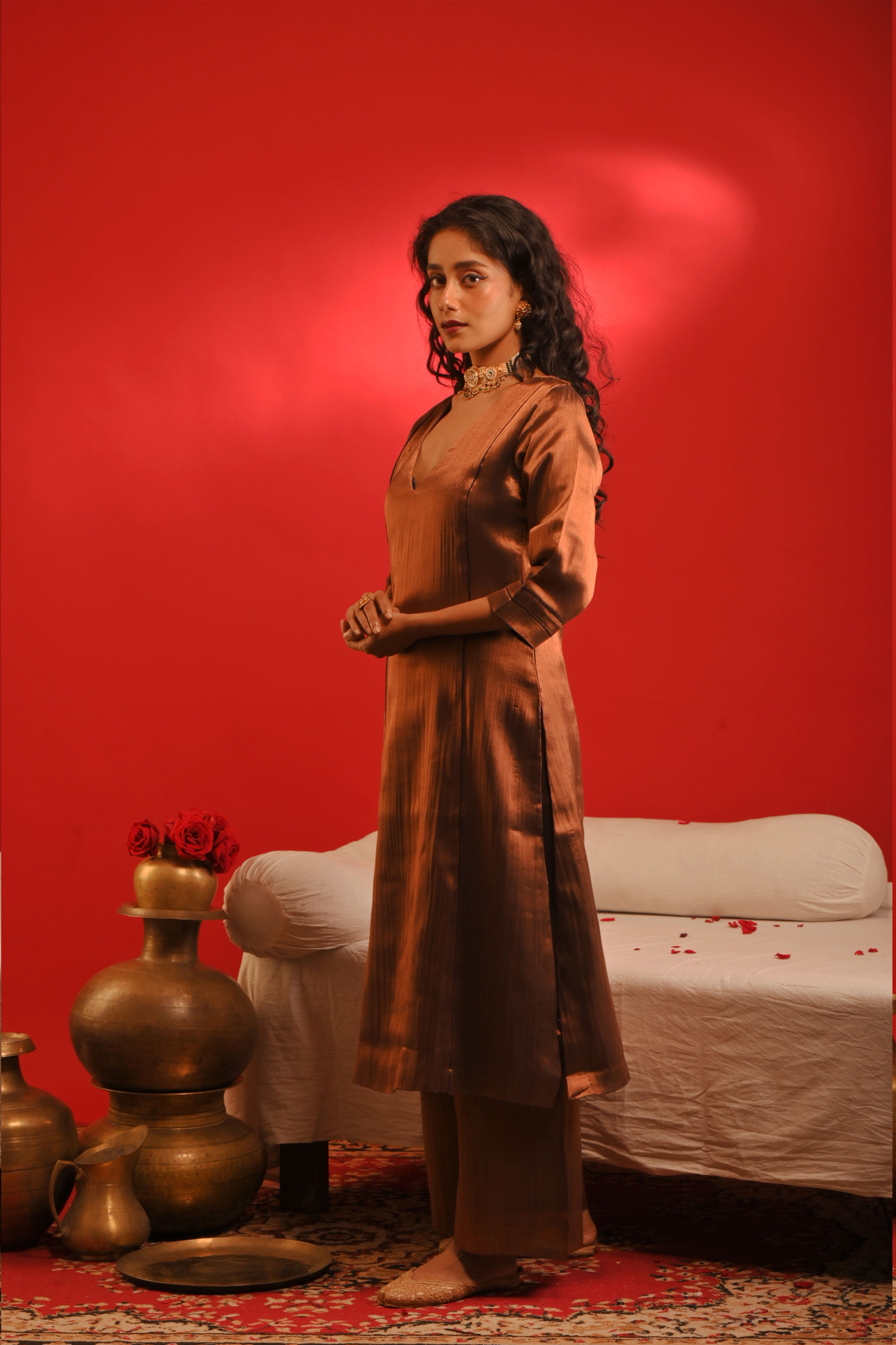 Kajari  I Copper handloom tissue kurta pant set