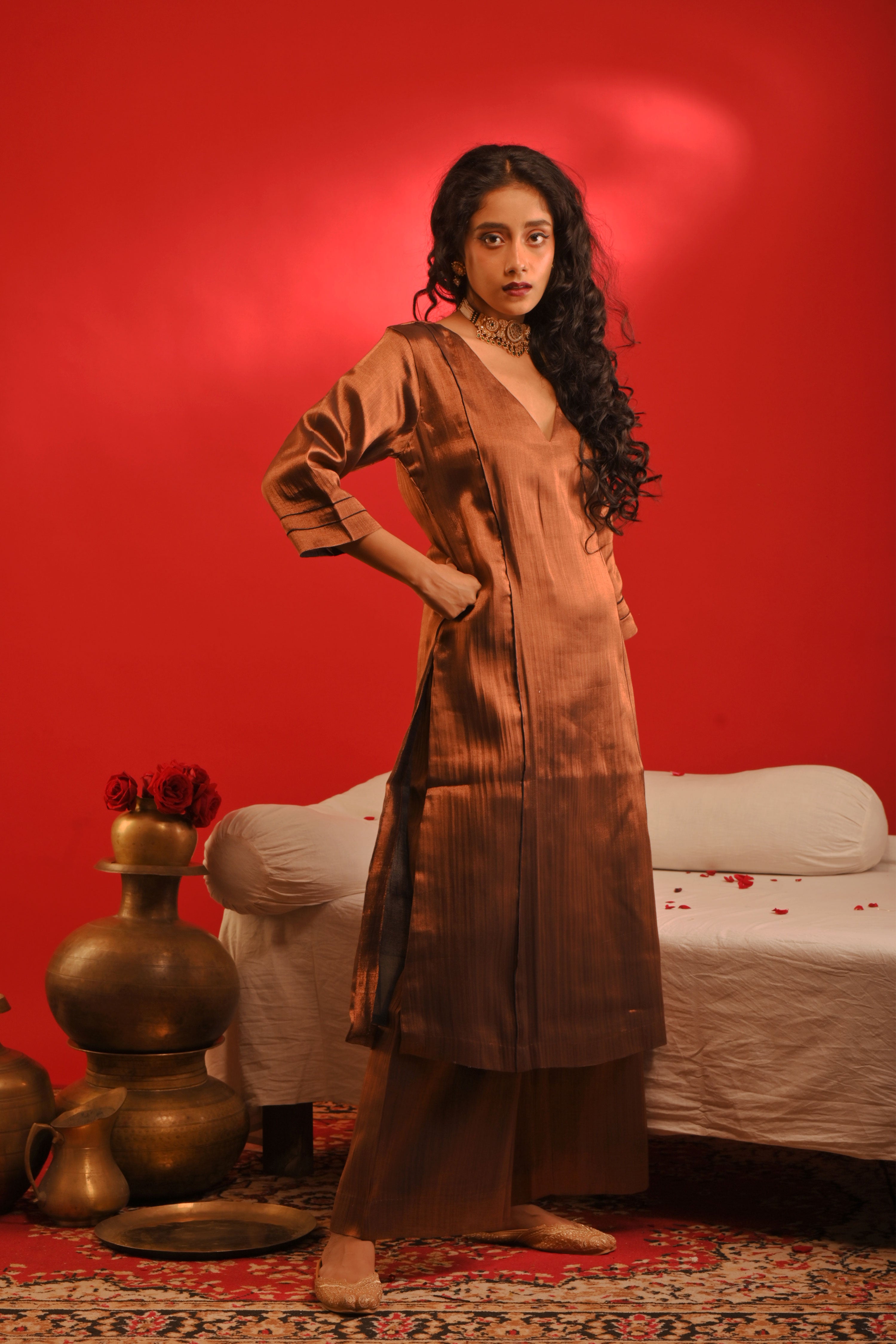 Kajari  I Copper handloom tissue kurta pant set