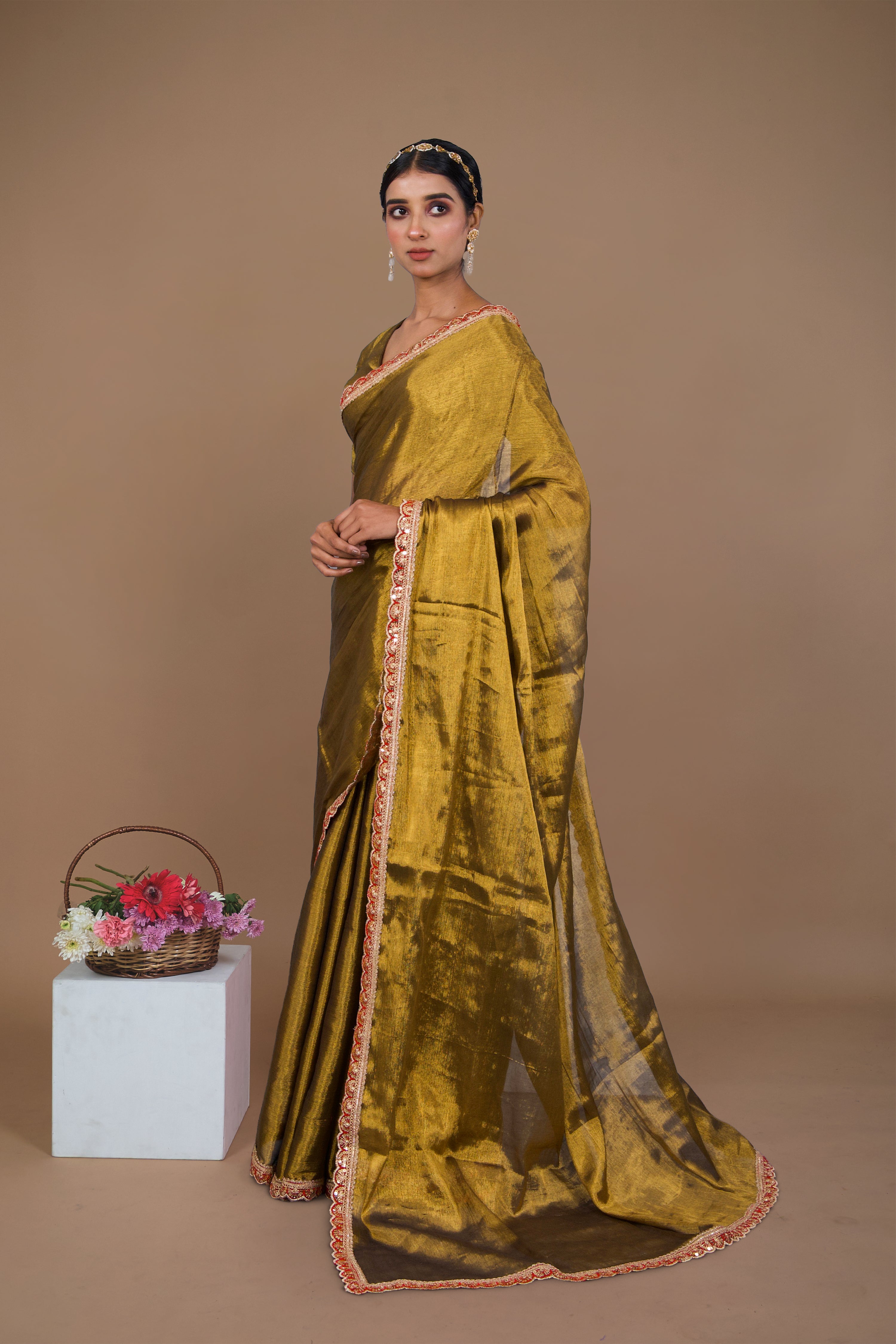 Swarnima I Golden handwoven tissue saree with red scalloped lace