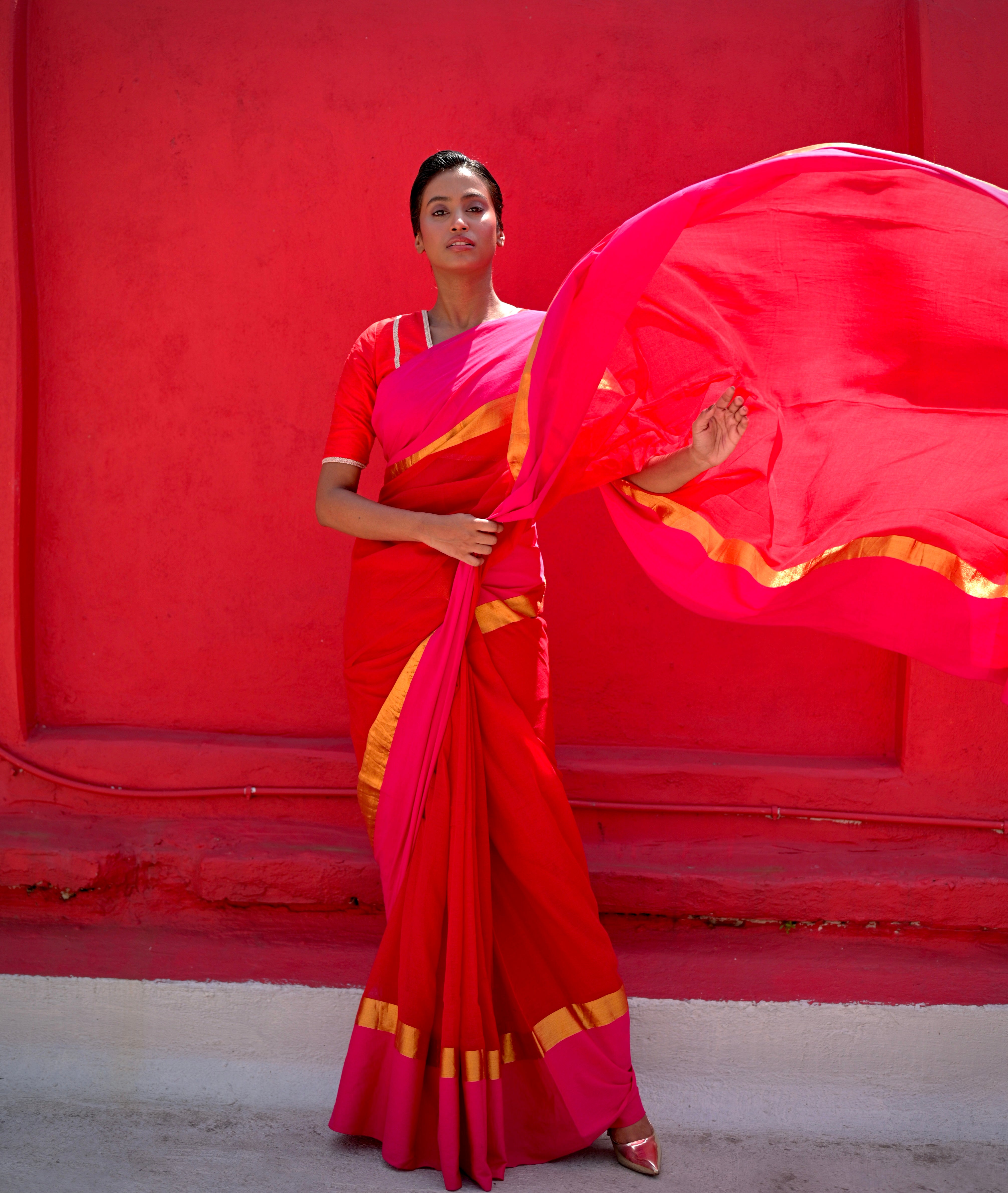 Dayita I Red Handloom Cotton Saree with Pink and Golden Border