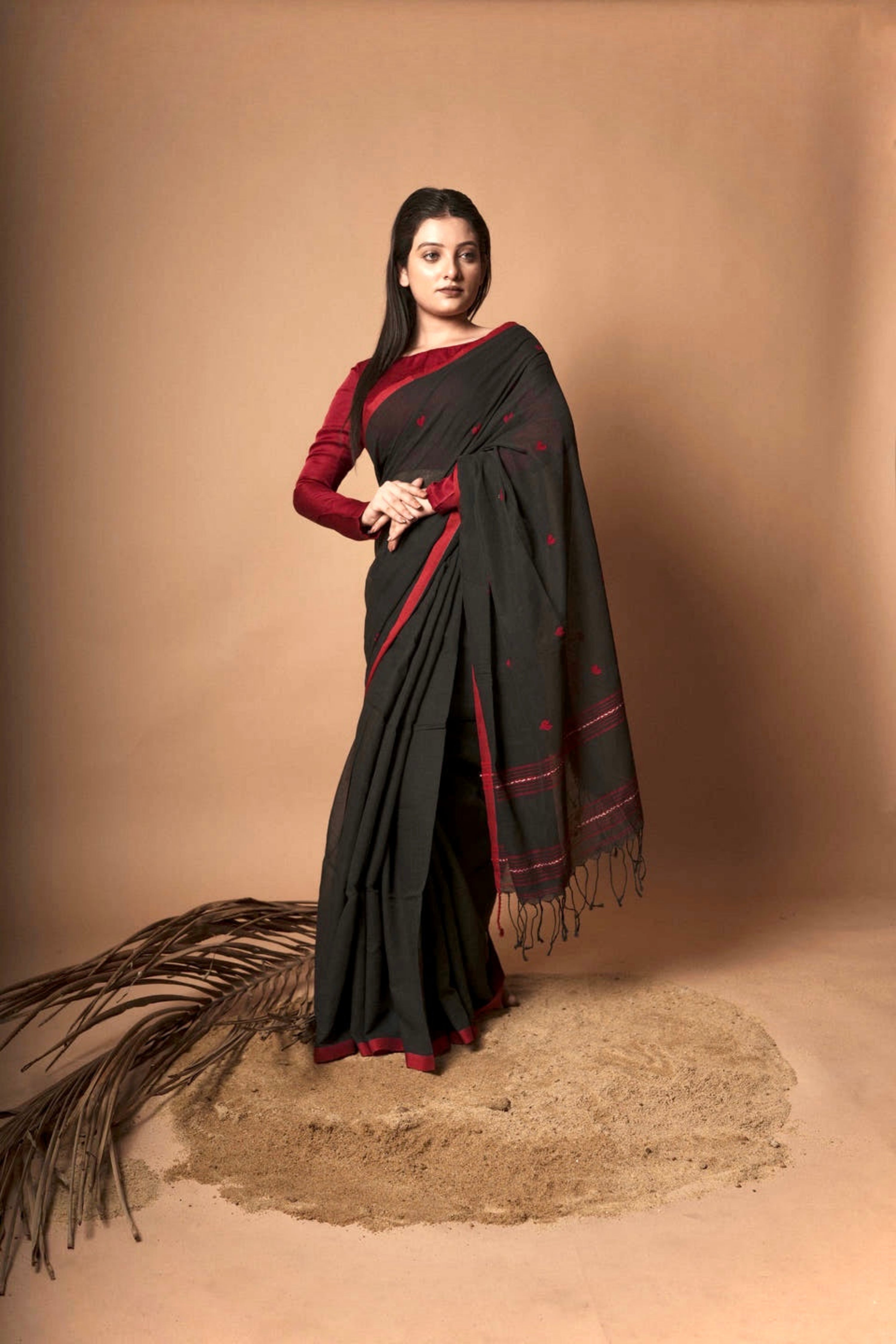 Nocturne I  Black cotton saree with red heart motifs