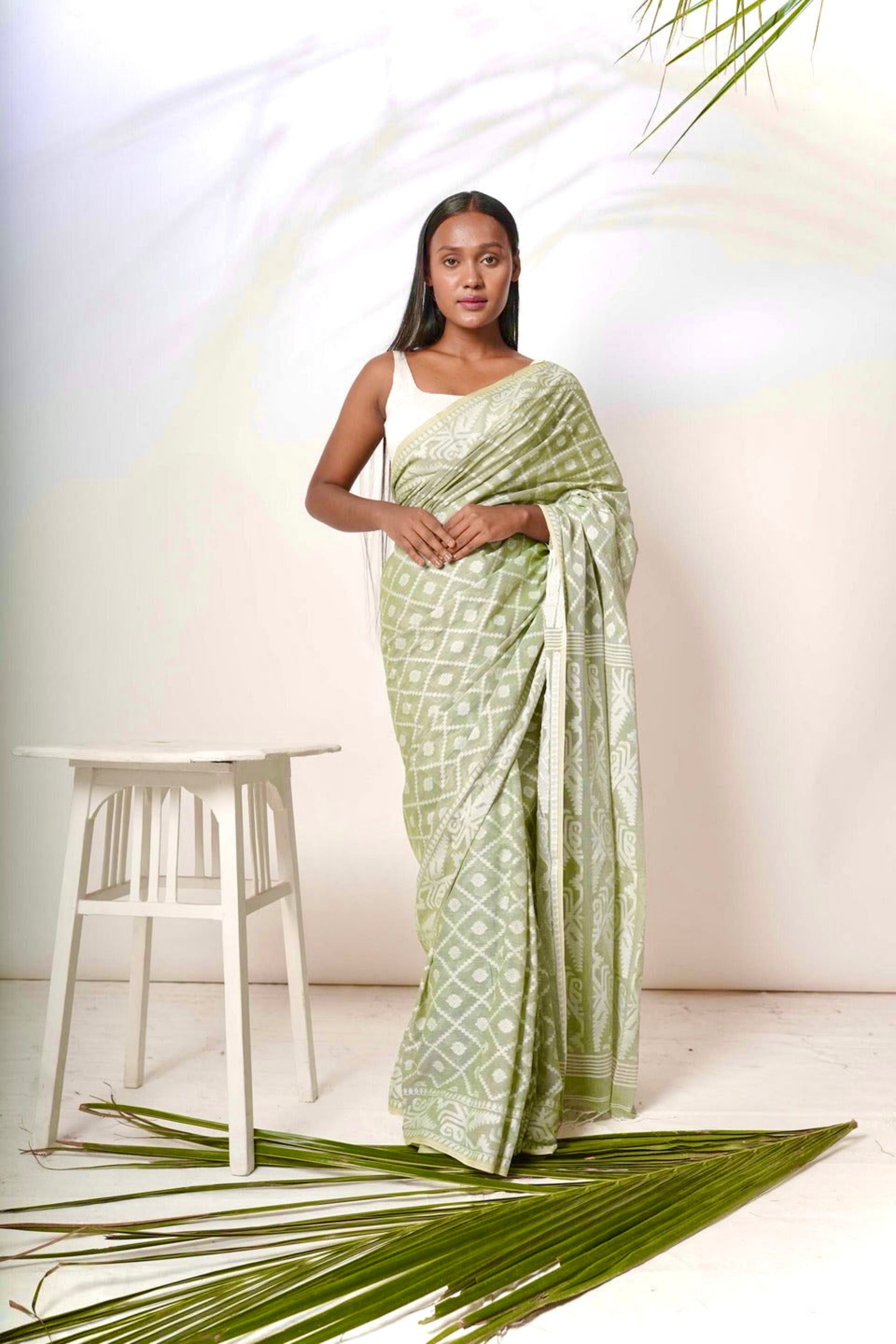 Mistfall I Sage Green Cotton Saree with White Jacquard