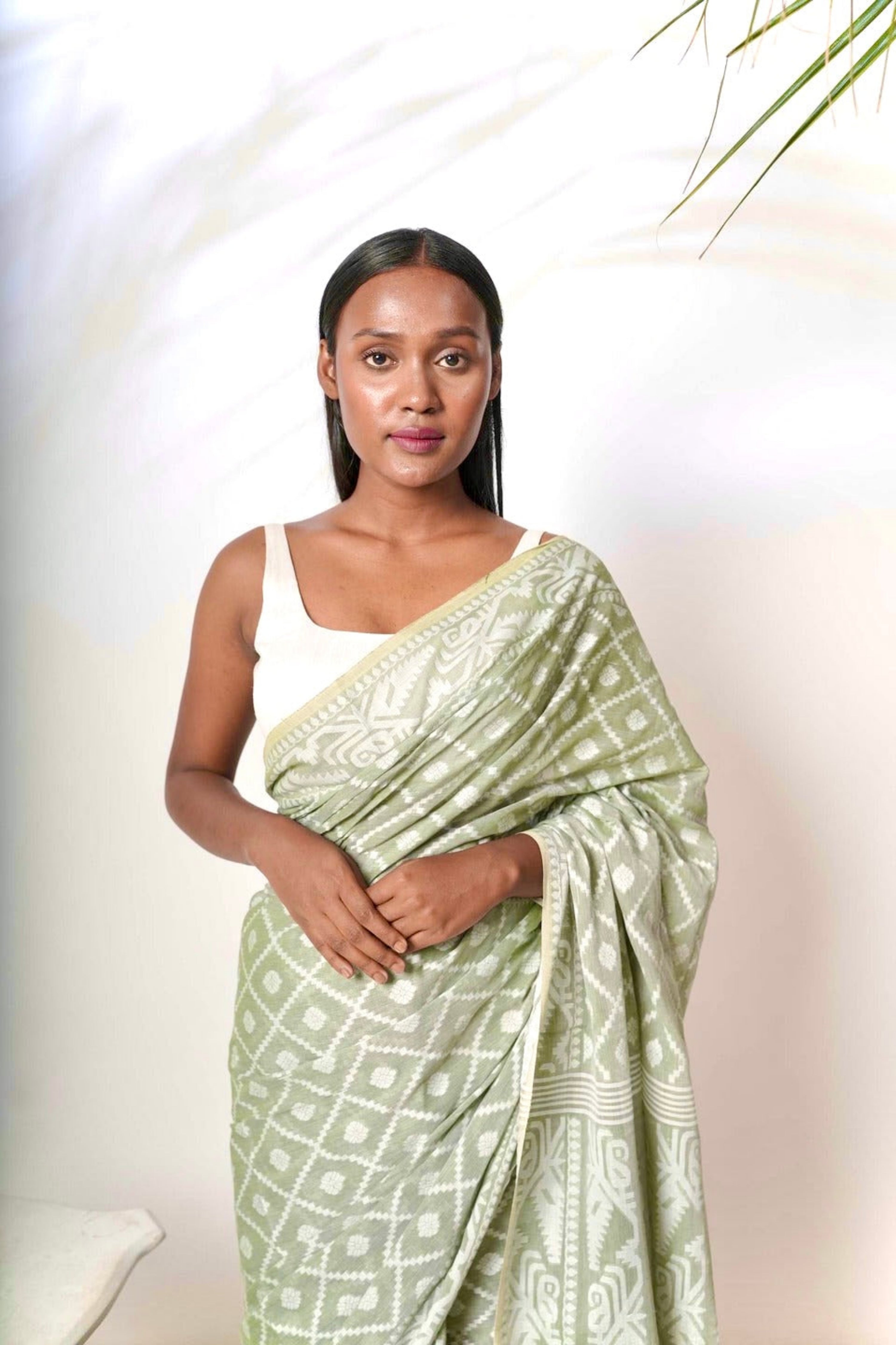 Mistfall I Sage Green Cotton Saree with White Jacquard