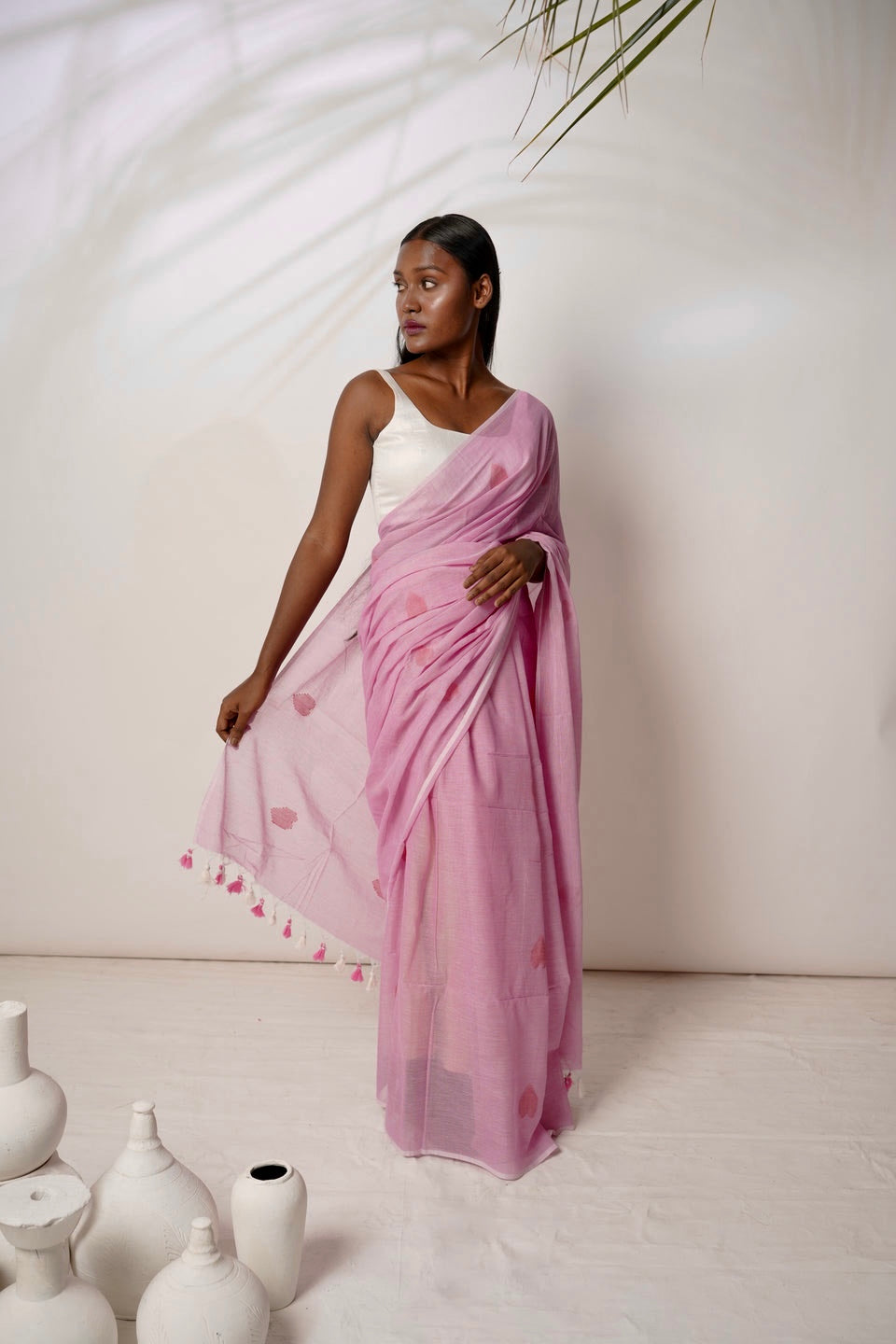 Roseate I Pink mul cotton jamdani saree