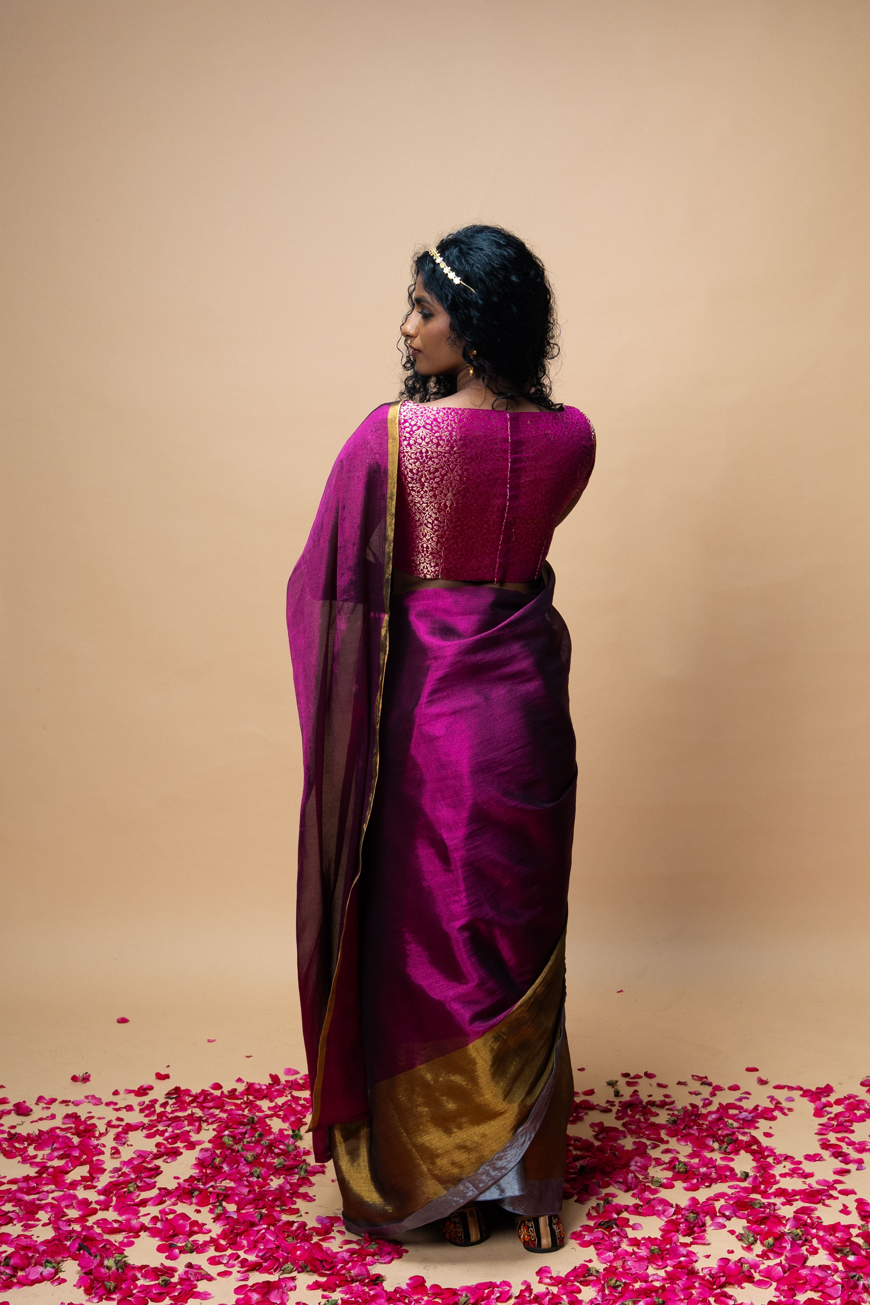 PRATYA I Purple Handwoven Tissue saree with Gold and silver striped border