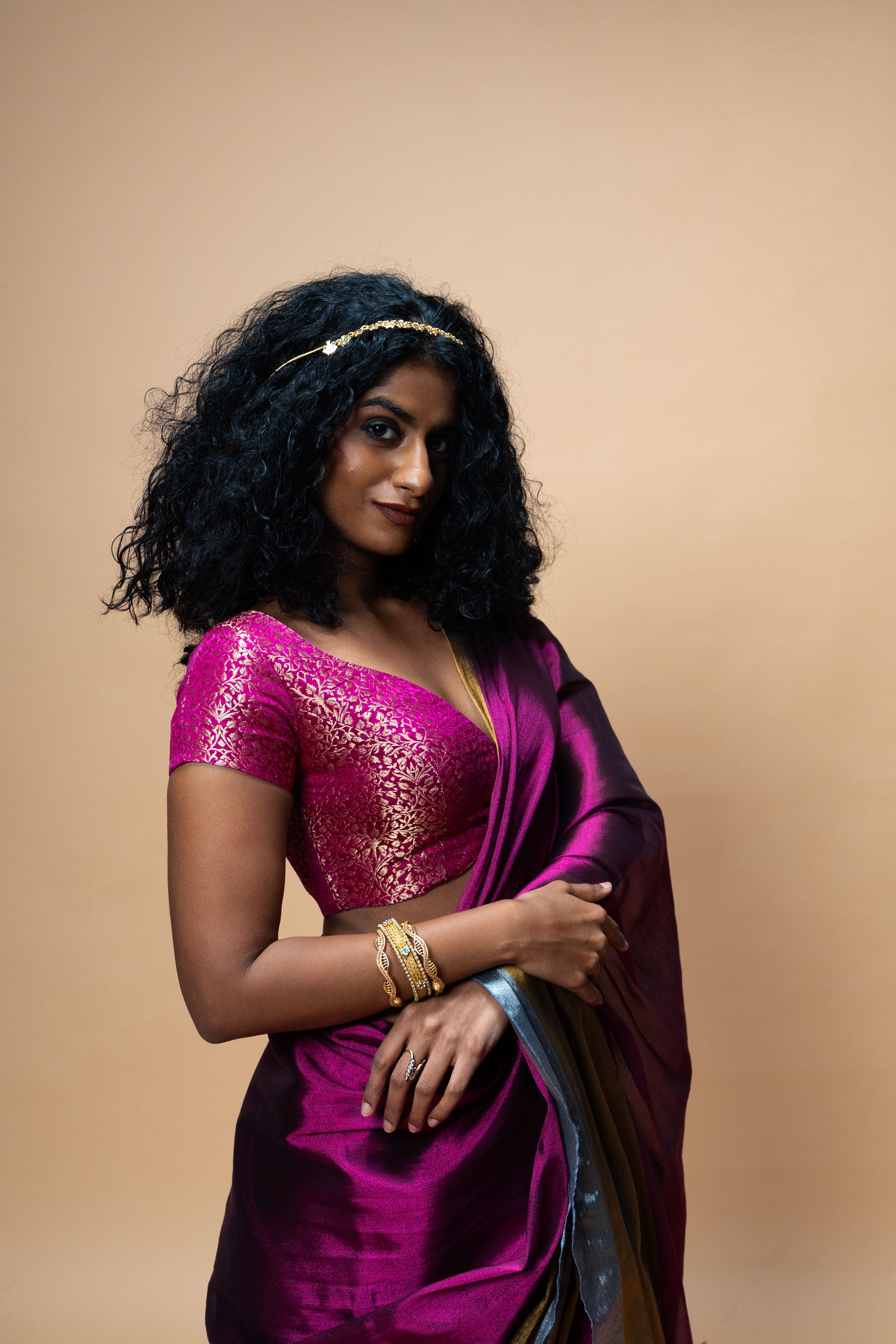 PRATYA I Purple Handwoven Tissue saree with Gold and silver striped border