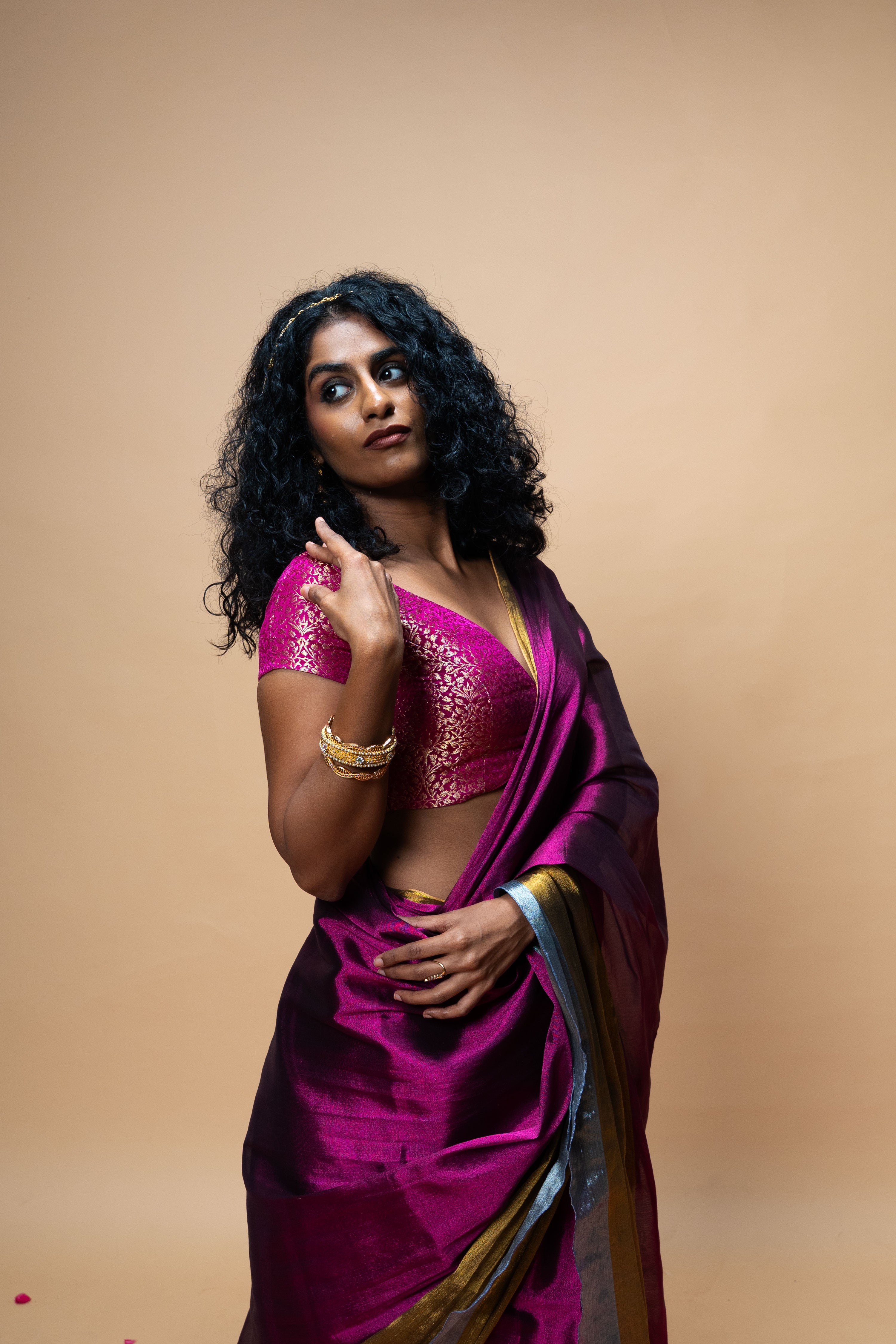 PRATYA I Purple Handwoven Tissue saree with Gold and silver striped border
