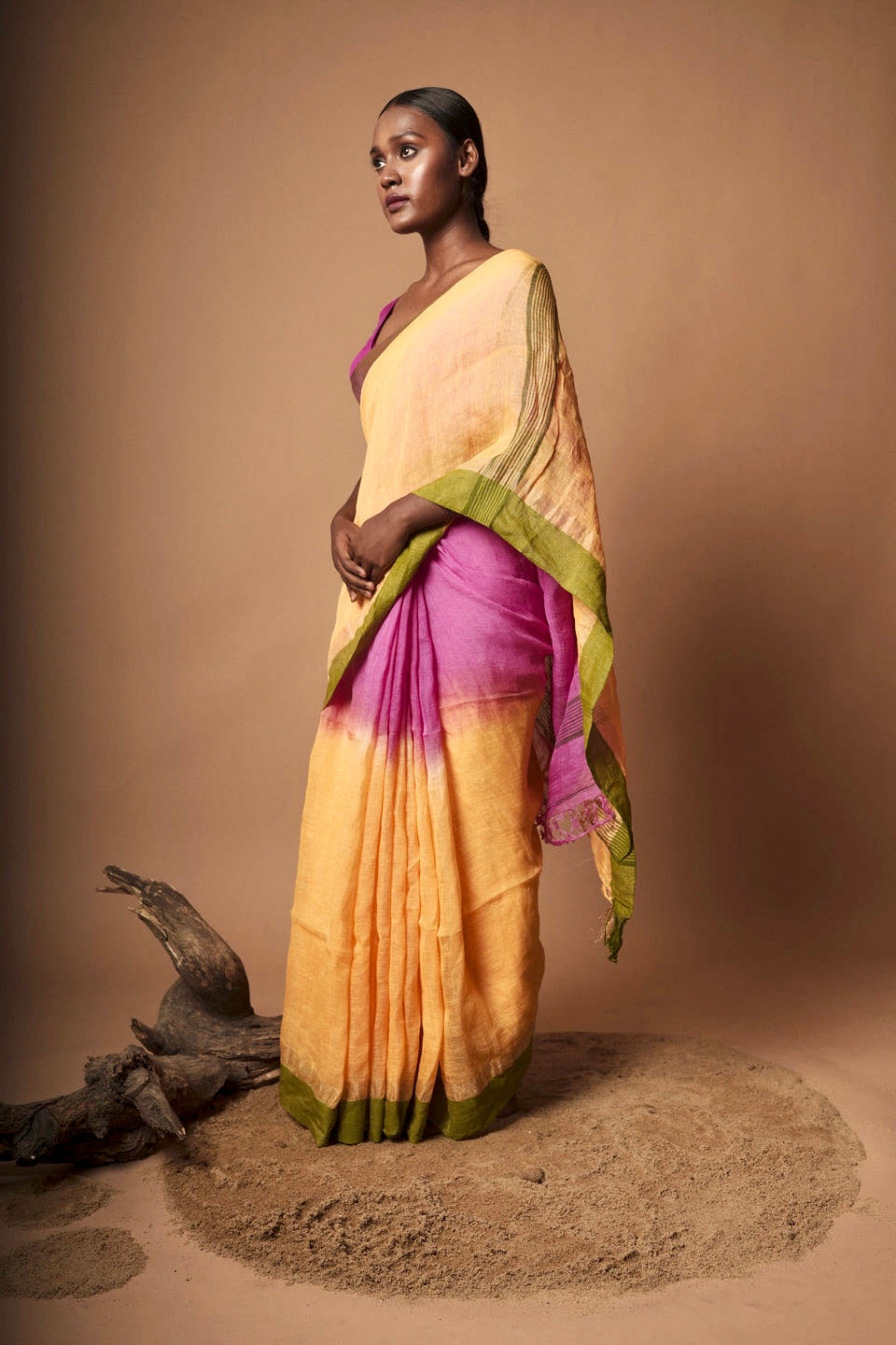 Roshan Sitara I Yellow Handloom Linen Saree