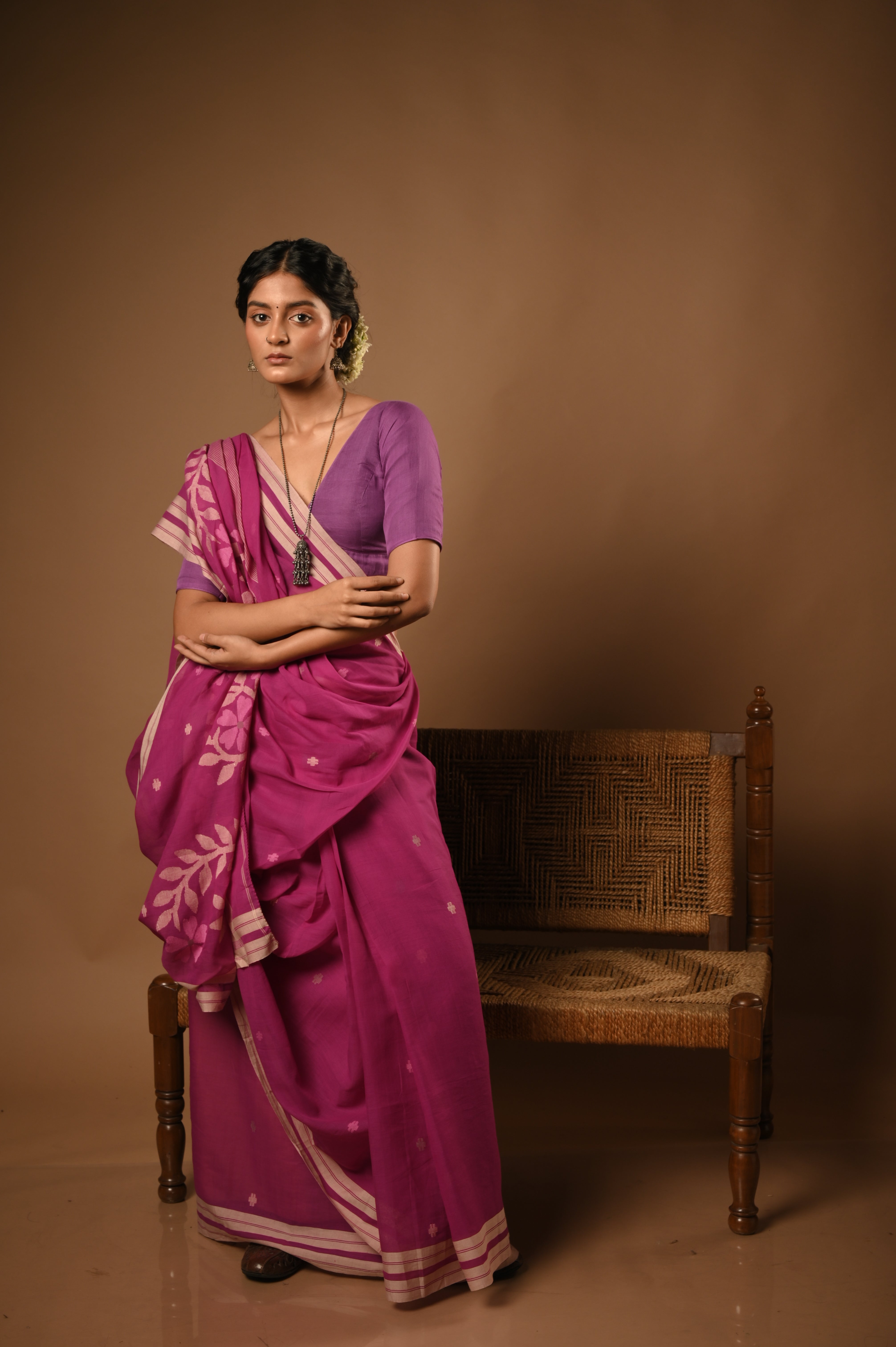 Raag Asavari I Purple Handloom cotton floral jamdani Saree