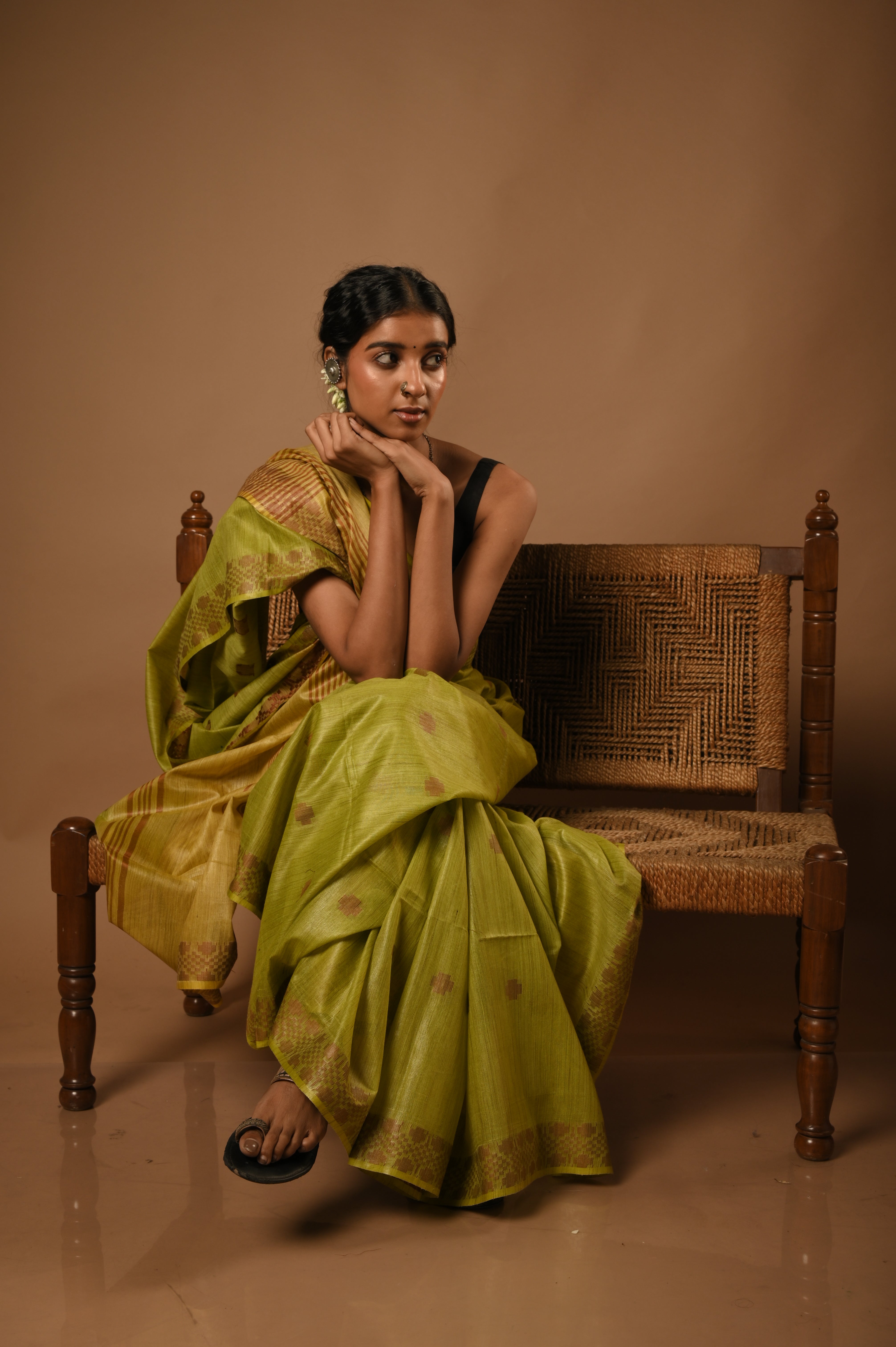 Raag Kalyan I Light Green cotton silk saree with woven brown border