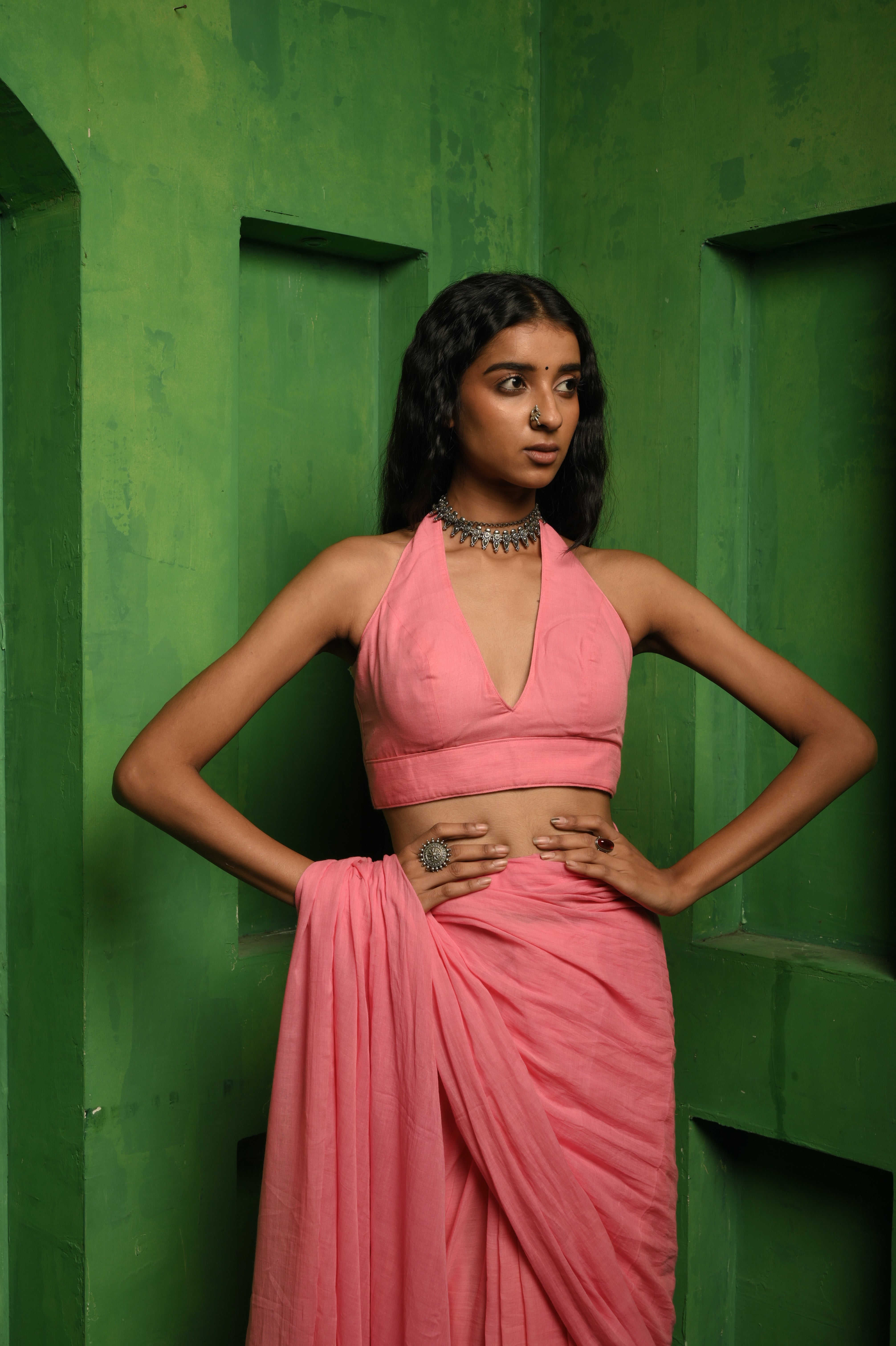 Plum delight I Baby Pink Handloom Mul Modal Plunging Neck Blouse