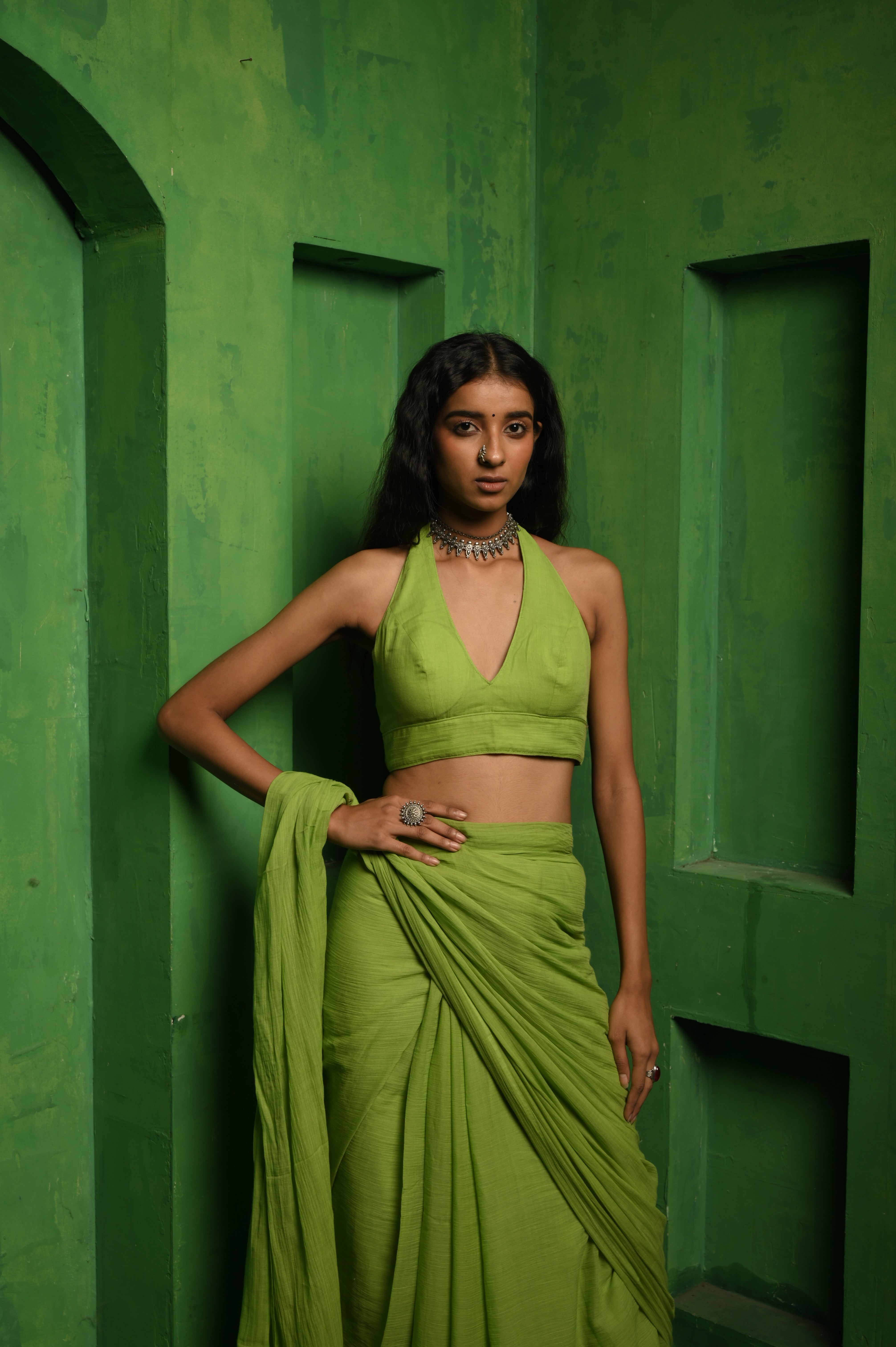 Sorbet chic I Green Handloom Mul Modal Plunging Neck Blouse