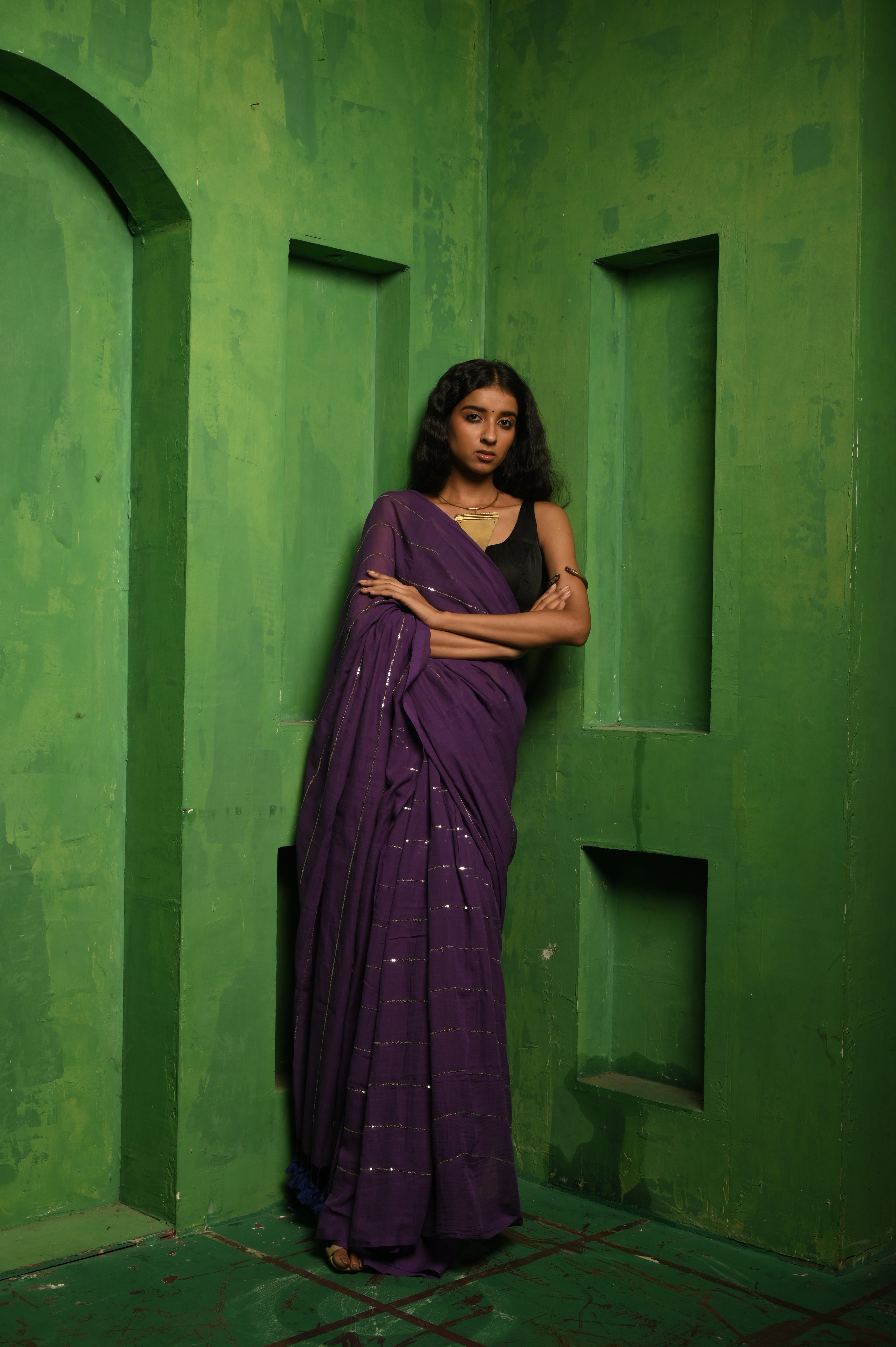 Kavya I Purple Handloom Mul Cotton Saree with  Sequined Lines