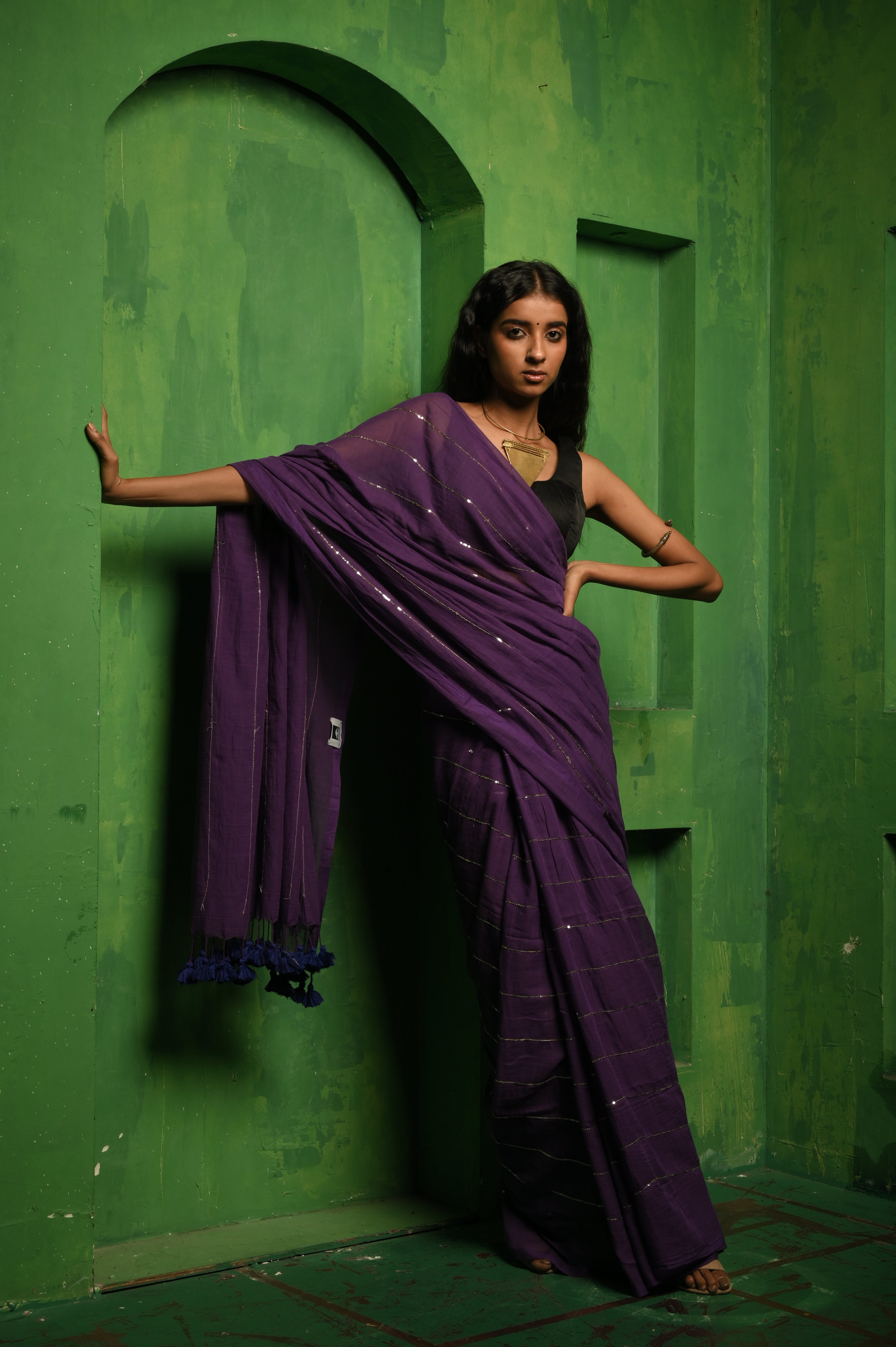 Kavya I Purple Handloom Mul Cotton Saree with  Sequined Lines