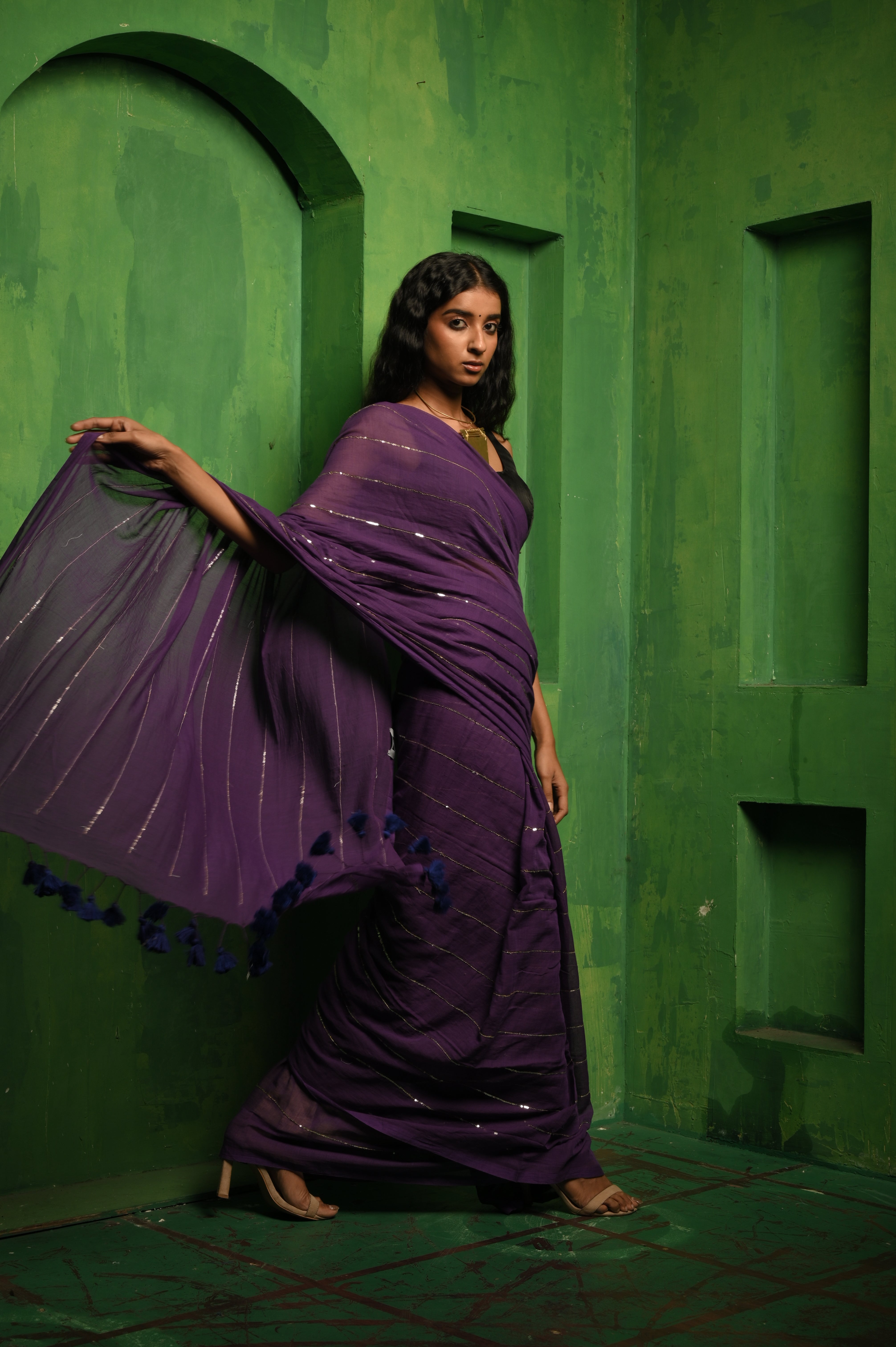 Kavya I Purple Handloom Mul Cotton Saree with  Sequined Lines