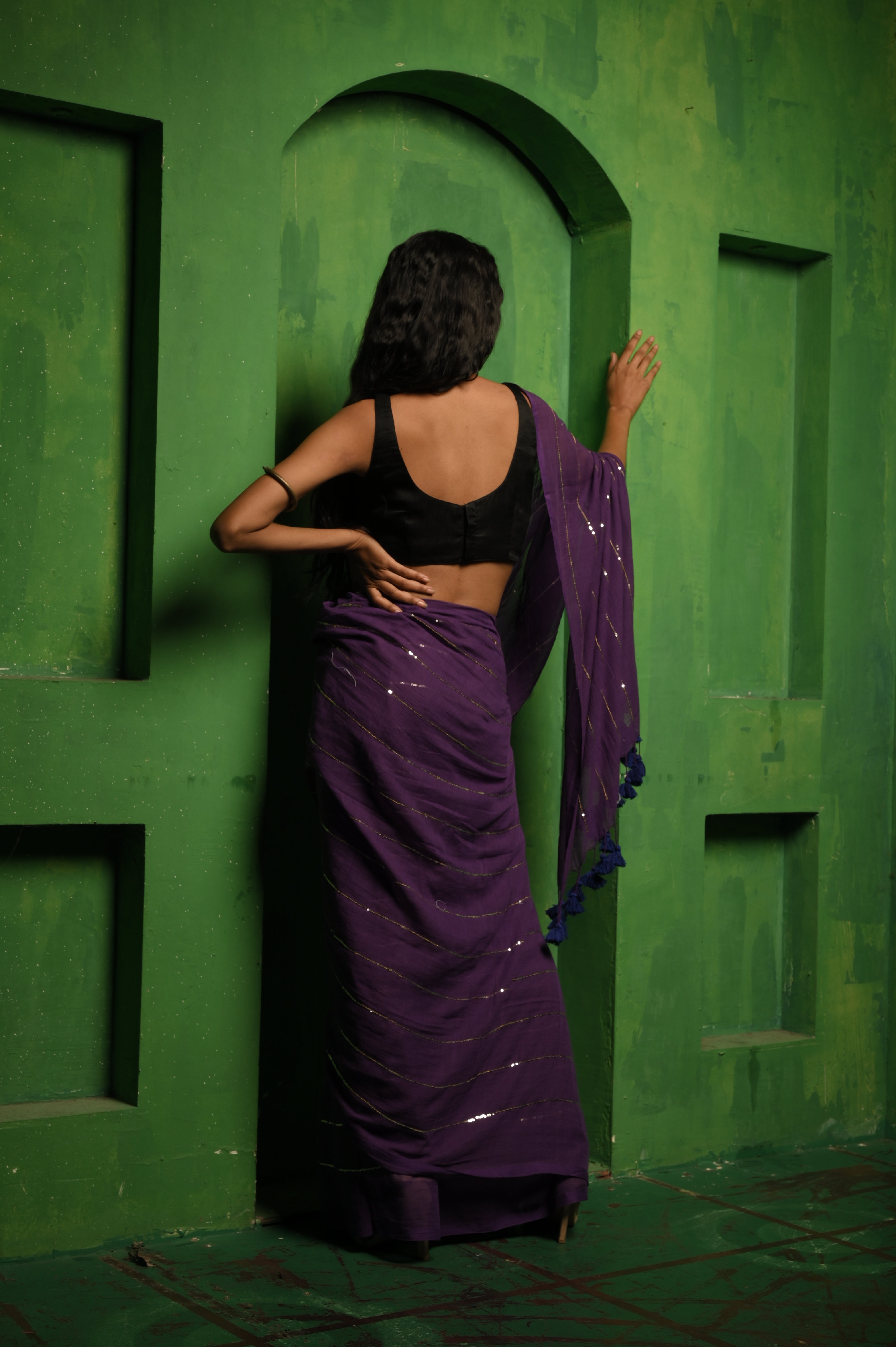 Kavya I Purple Handloom Mul Cotton Saree with  Sequined Lines