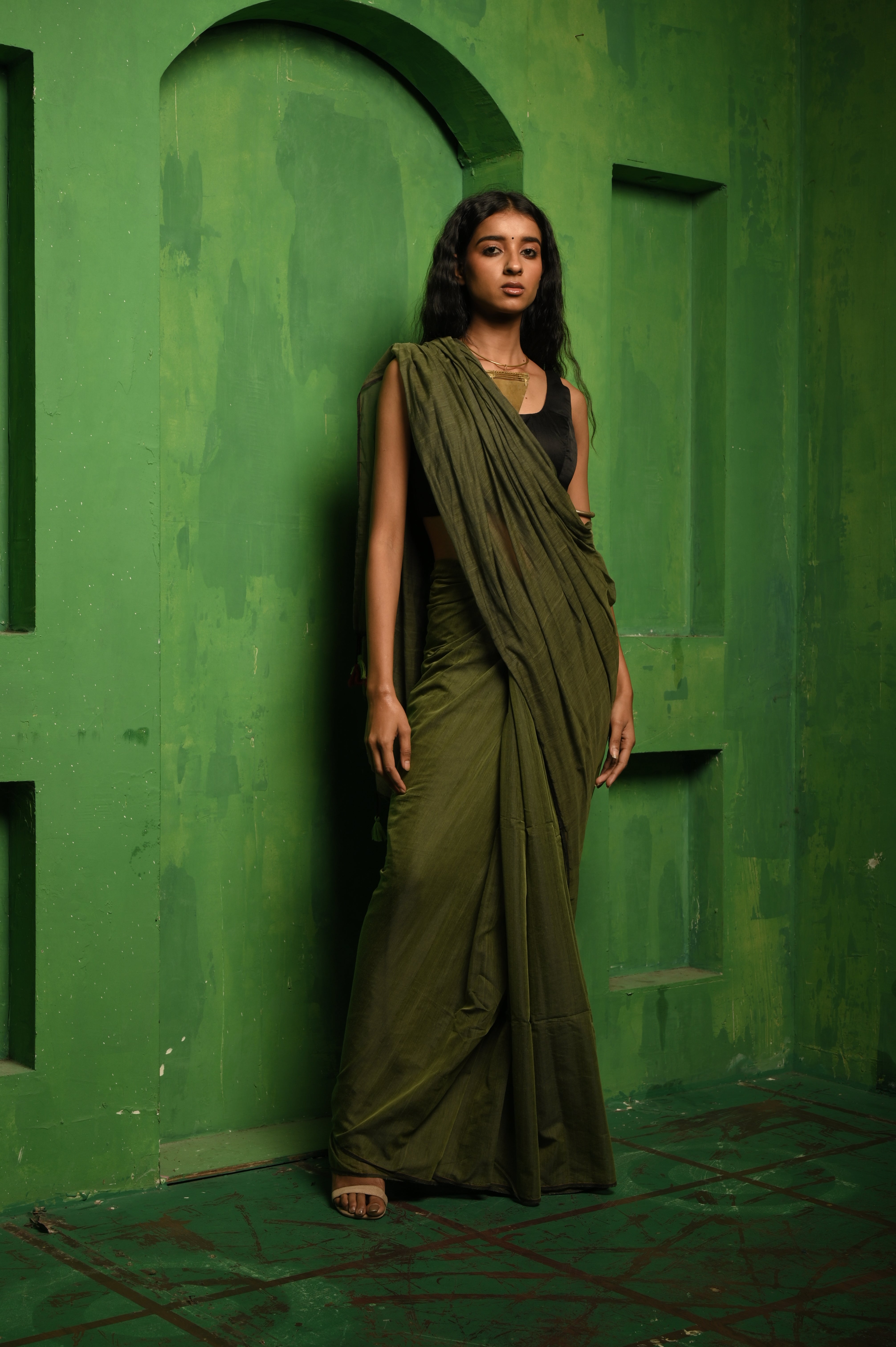 Ishanya I Olive green handloom acrylic cotton  saree