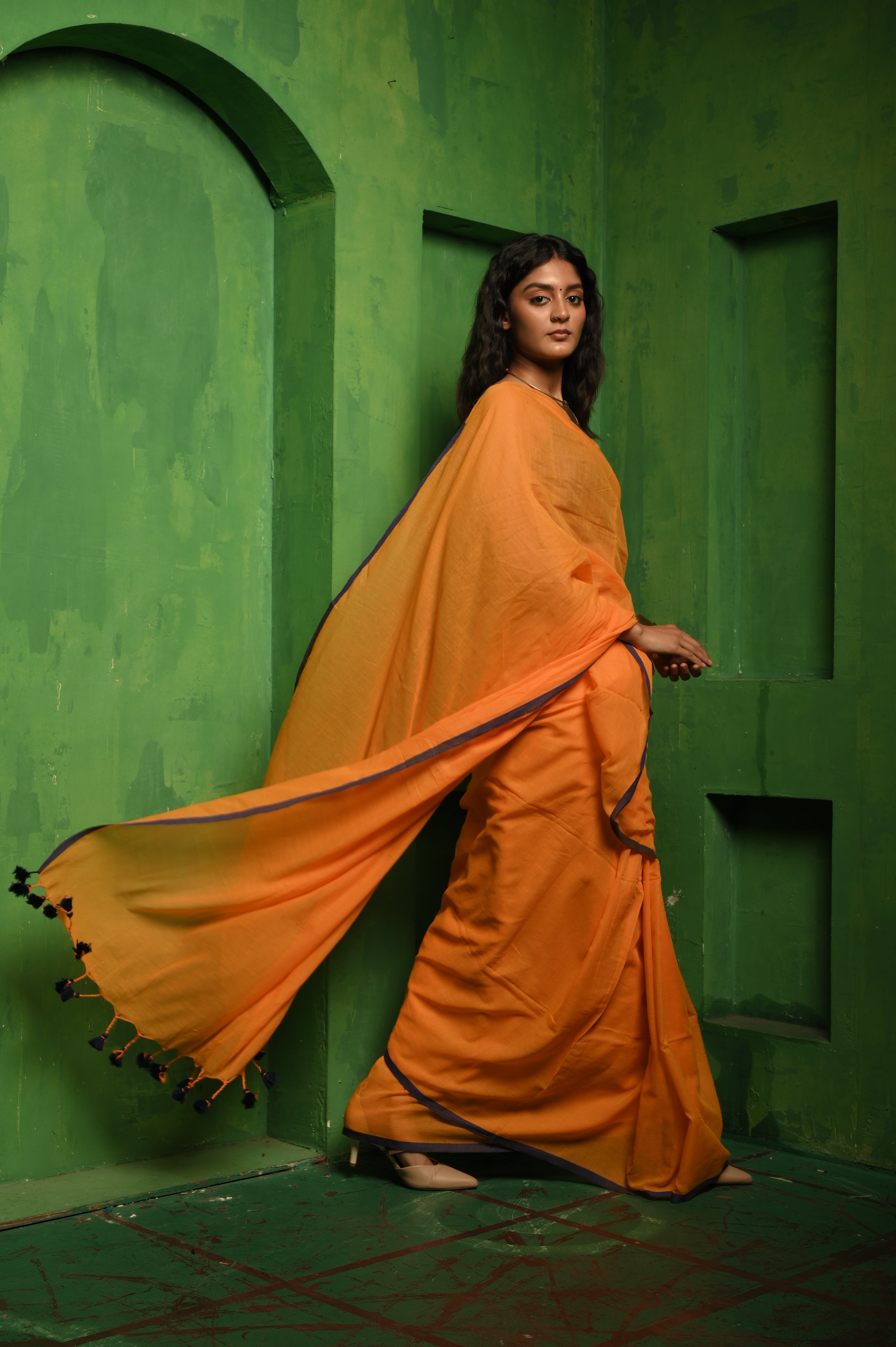 Samriddhi I Orange handloom mul cotton  saree with blue tassels