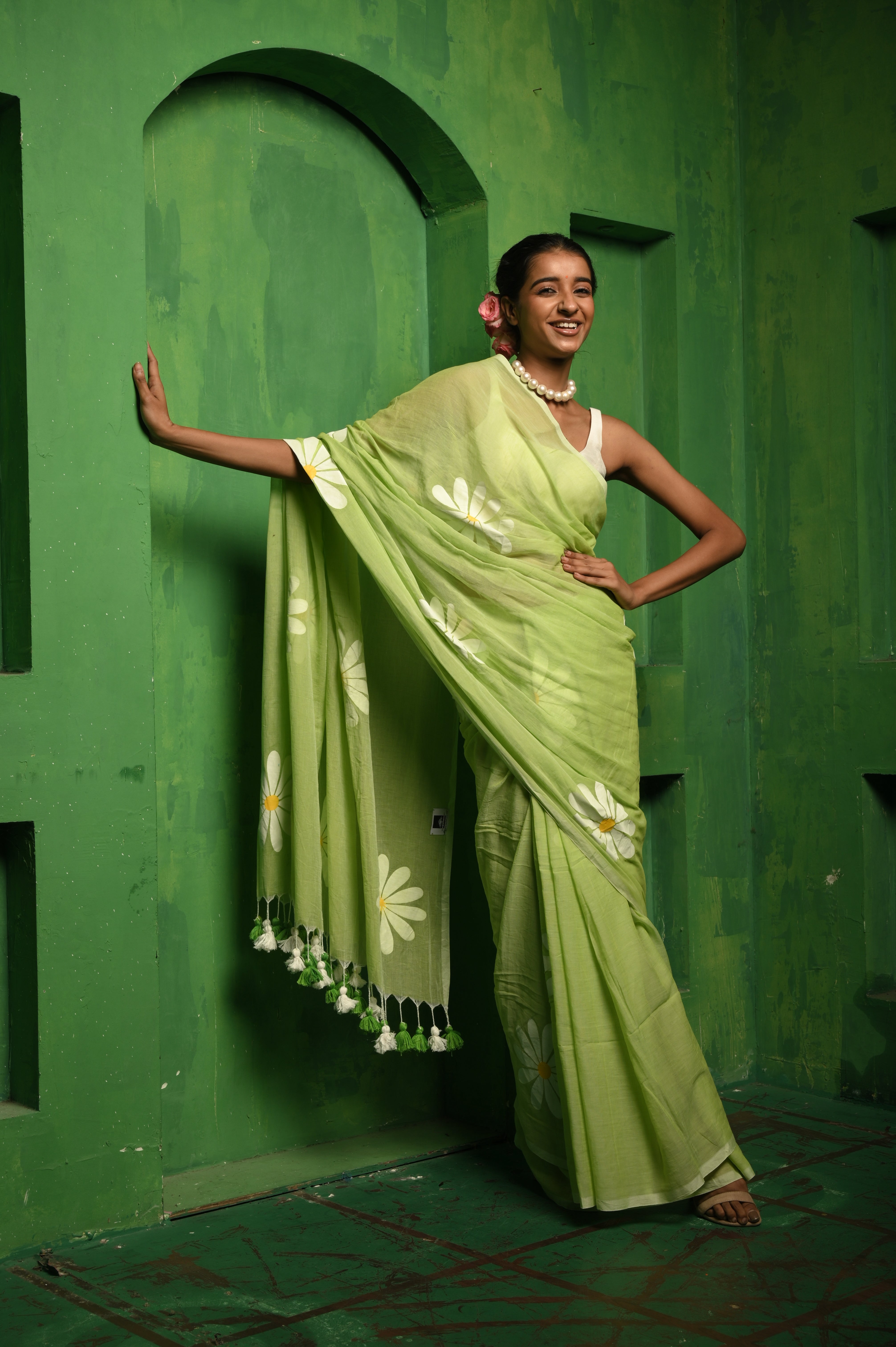 Ajnabi Haseena I Light green mul cotton handloom saree with handpainted florals