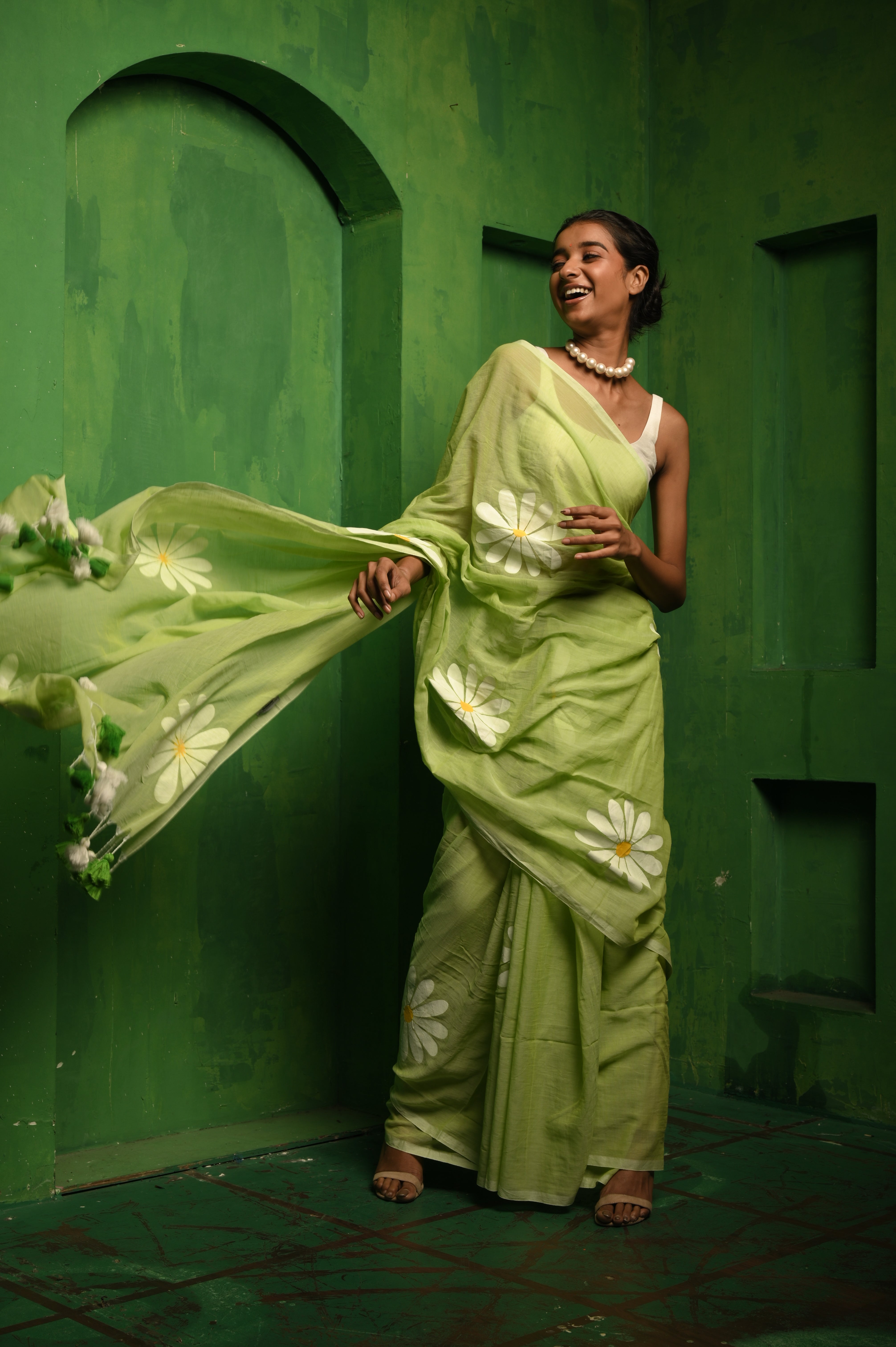 Ajnabi Haseena I Light green mul cotton handloom saree with handpainted florals