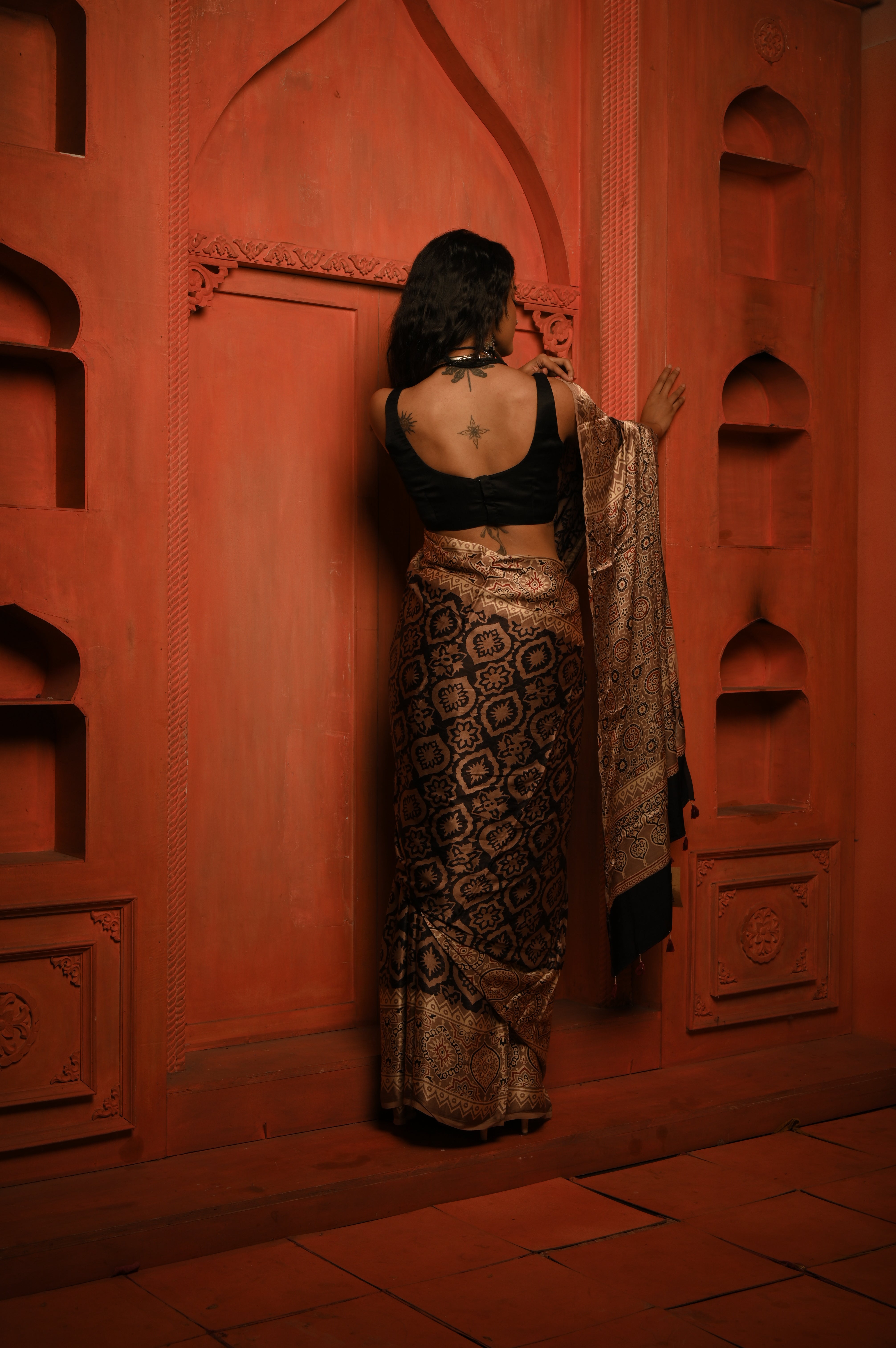 Ranjini I Brown Handloom modal silk Ajrakh saree